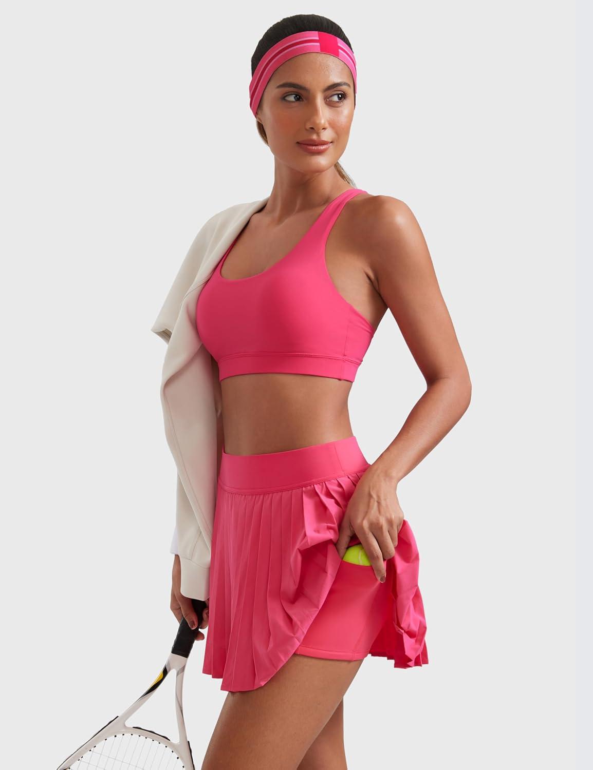 imageCRZ YOGA Womens Mini Pleated Athletic Tennis Skirts High Waisted A Line Golf Pickleball Casual Skort with Inner PocketsLip Gloss Pink