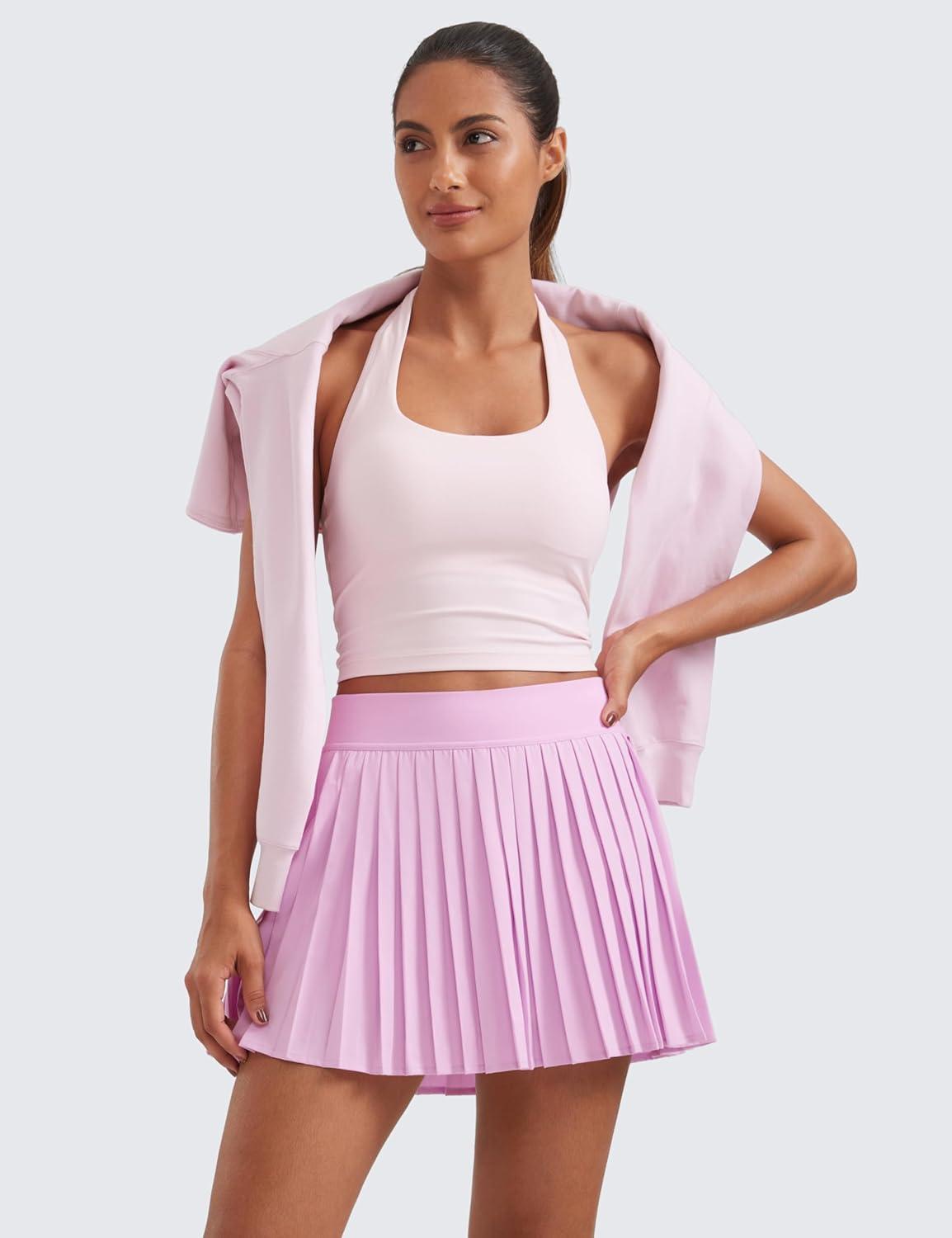 imageCRZ YOGA Womens Mini Pleated Athletic Tennis Skirts High Waisted A Line Golf Pickleball Casual Skort with Inner PocketsVita Pink