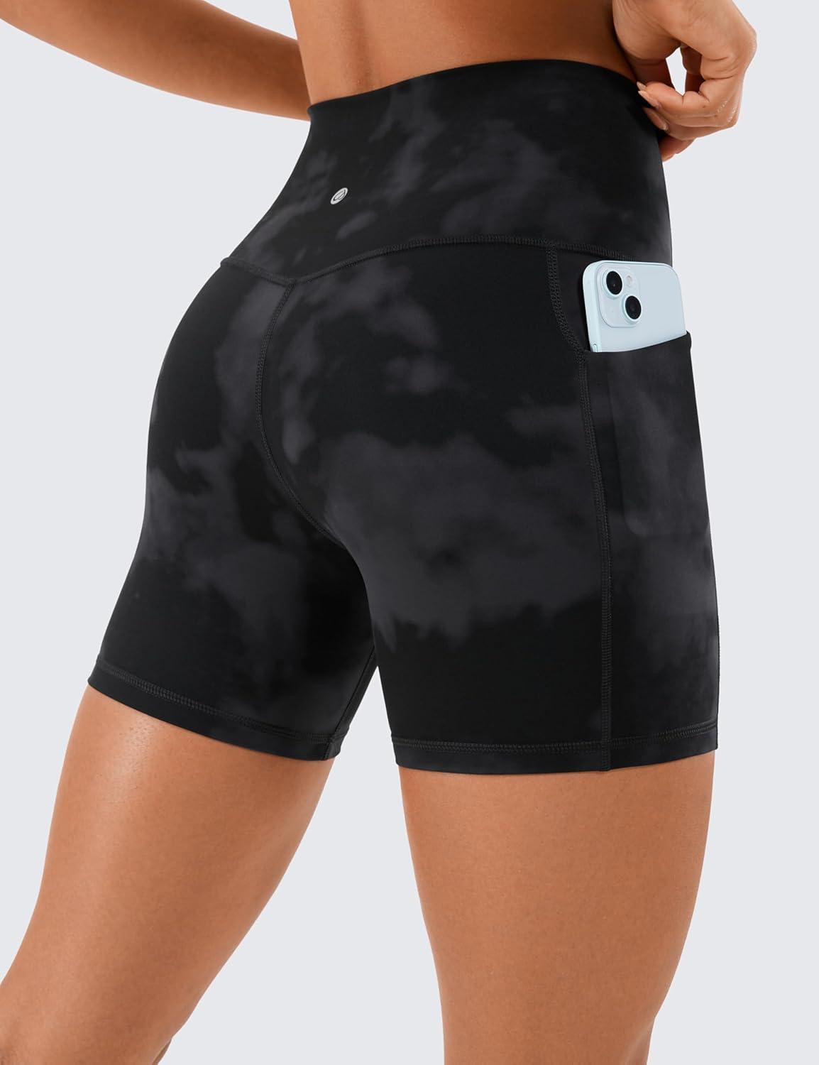 imageCRZ YOGA Womens Naked Feeling Biker Shorts with Pockets 5 High Waisted Yoga Gym Workout SpandexBlack Tie Dye Flowers