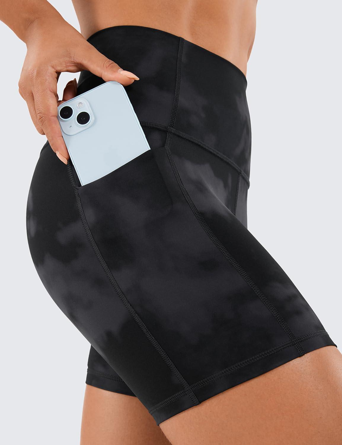 imageCRZ YOGA Womens Naked Feeling Biker Shorts with Pockets 5 High Waisted Yoga Gym Workout SpandexBlack Tie Dye Flowers