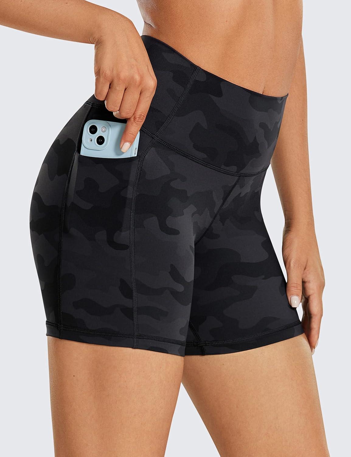 imageCRZ YOGA Womens Naked Feeling Biker Shorts with Pockets 5 High Waisted Yoga Gym Workout SpandexDark Grey Camouflage