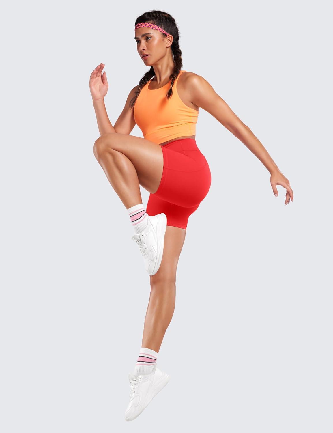 imageCRZ YOGA Womens Naked Feeling Biker Shorts with Pockets 5 High Waisted Yoga Gym Workout SpandexDeep Red