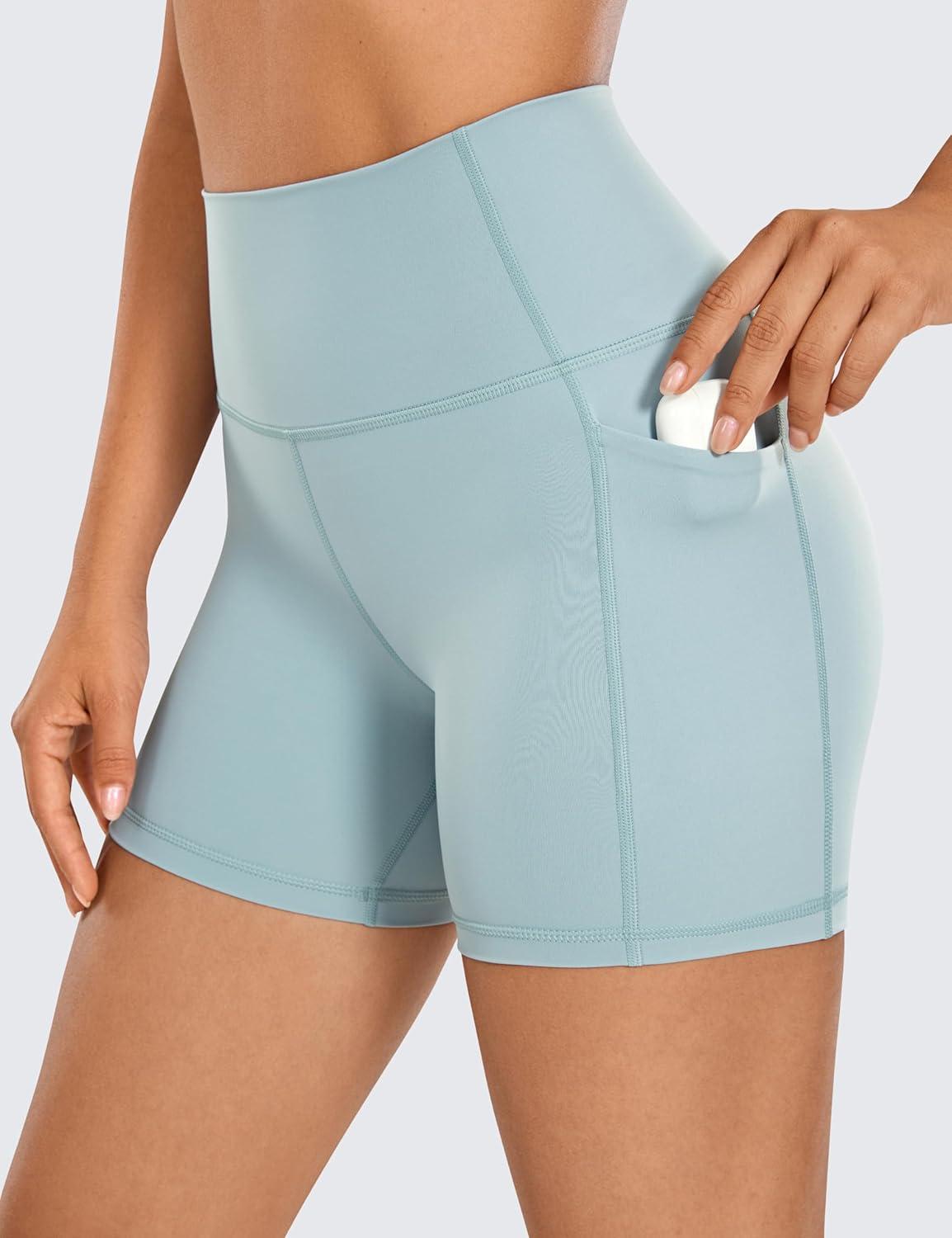 imageCRZ YOGA Womens Naked Feeling Biker Shorts with Pockets 5 High Waisted Yoga Gym Workout SpandexLight Grayish Blue