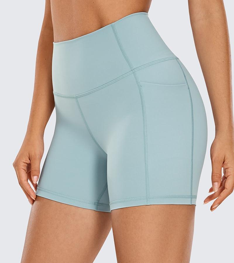 imageCRZ YOGA Womens Naked Feeling Biker Shorts with Pockets 5 High Waisted Yoga Gym Workout SpandexLight Grayish Blue