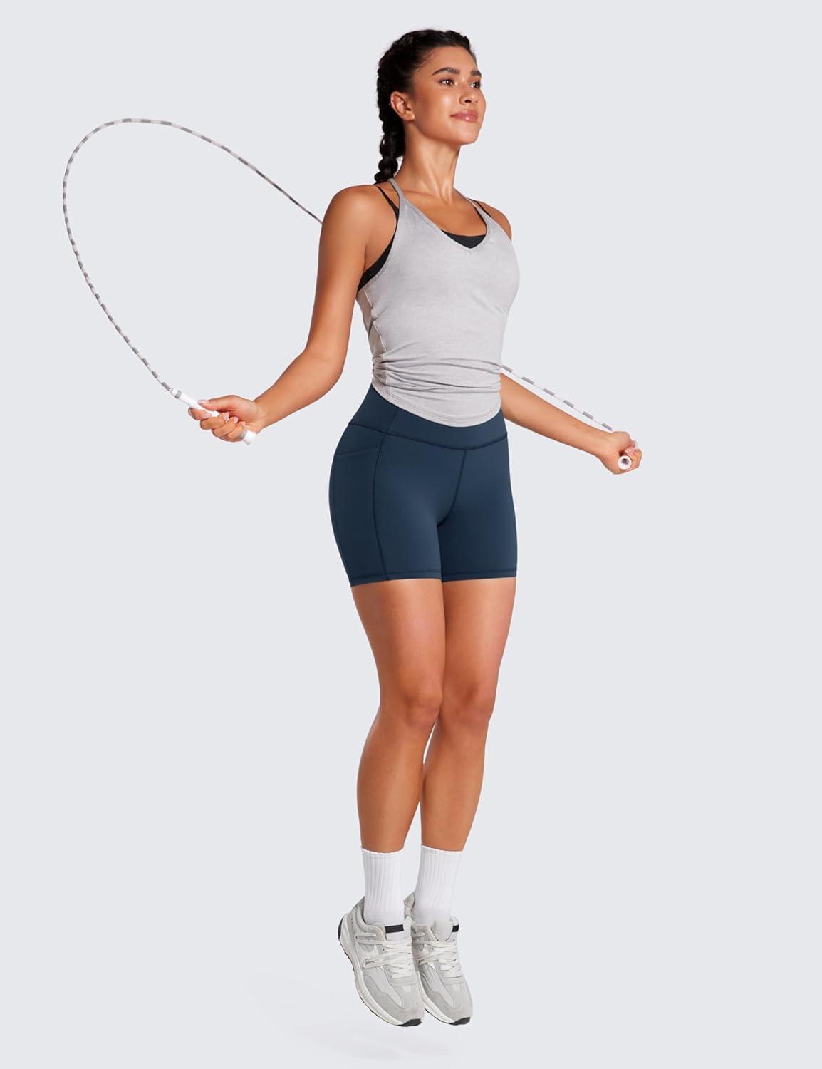 imageCRZ YOGA Womens Naked Feeling Biker Shorts with Pockets 5 High Waisted Yoga Gym Workout SpandexTrue Navy