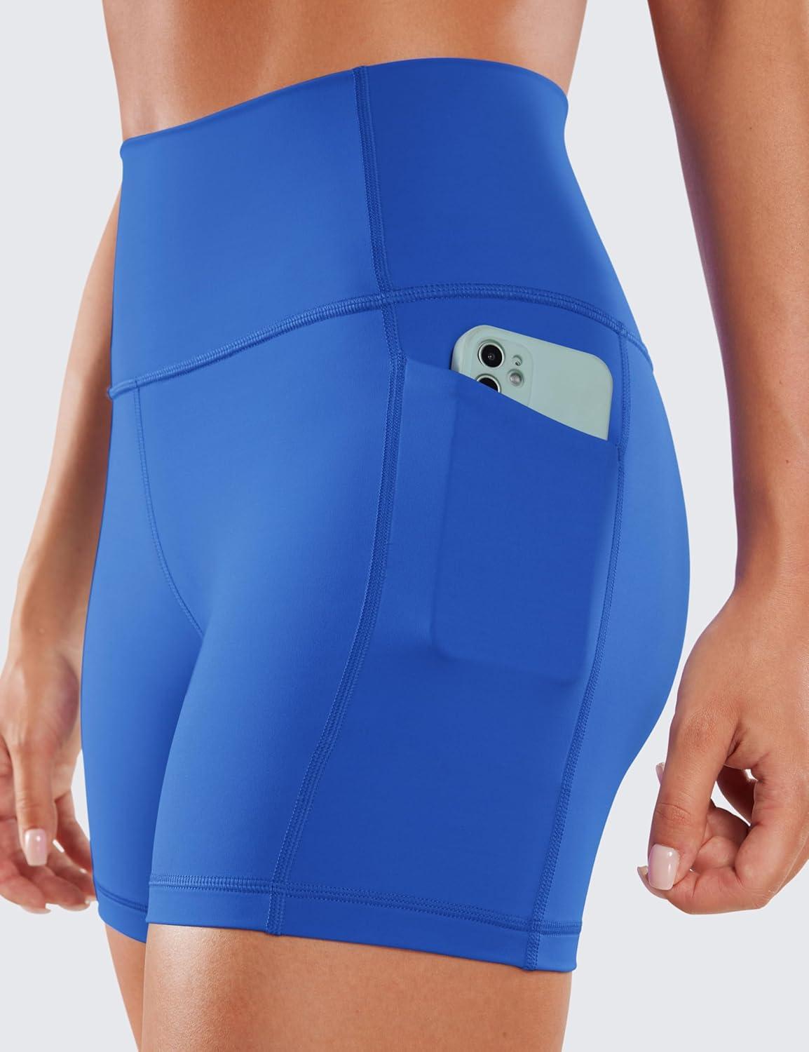 imageCRZ YOGA Womens Naked Feeling Biker Shorts with Pockets 5 High Waisted Yoga Gym Workout SpandexWaves Blue