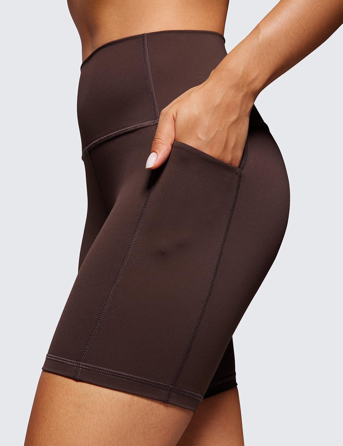 imageCRZ YOGA Womens Naked Feeling Biker Shorts with Pockets 6 High Waisted Yoga Gym Workout SpandexHot Fudge Brown