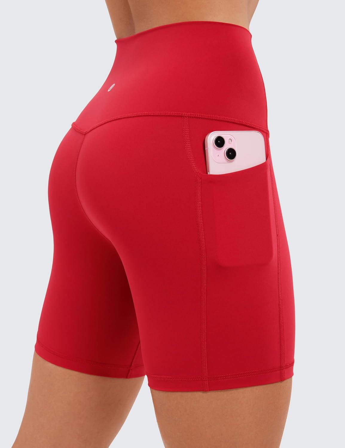 imageCRZ YOGA Womens Naked Feeling Biker Shorts with Pockets 6 High Waisted Yoga Gym Workout SpandexRed Chili