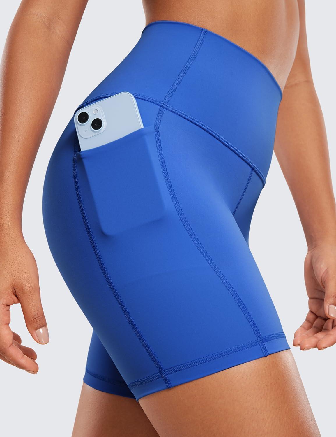 imageCRZ YOGA Womens Naked Feeling Biker Shorts with Pockets 6 High Waisted Yoga Gym Workout SpandexWaves Blue