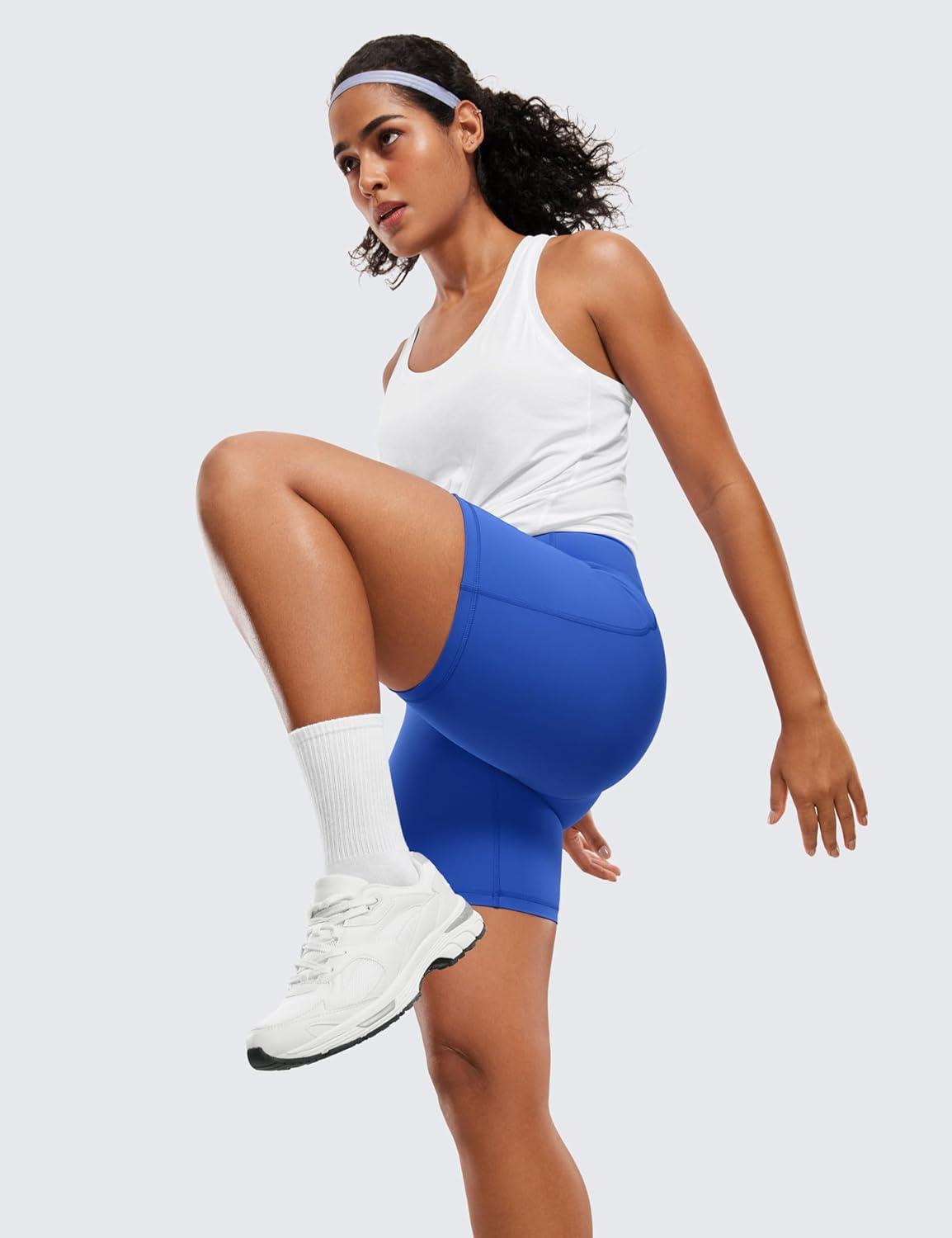 imageCRZ YOGA Womens Naked Feeling Biker Shorts with Pockets 6 High Waisted Yoga Gym Workout SpandexWaves Blue