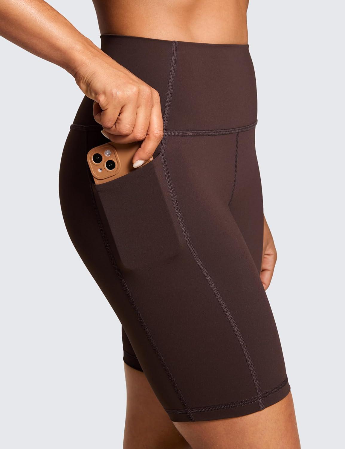 imageCRZ YOGA Womens Naked Feeling Biker Shorts with Pockets 8 High Waisted Yoga Gym Workout SpandexHot Fudge Brown