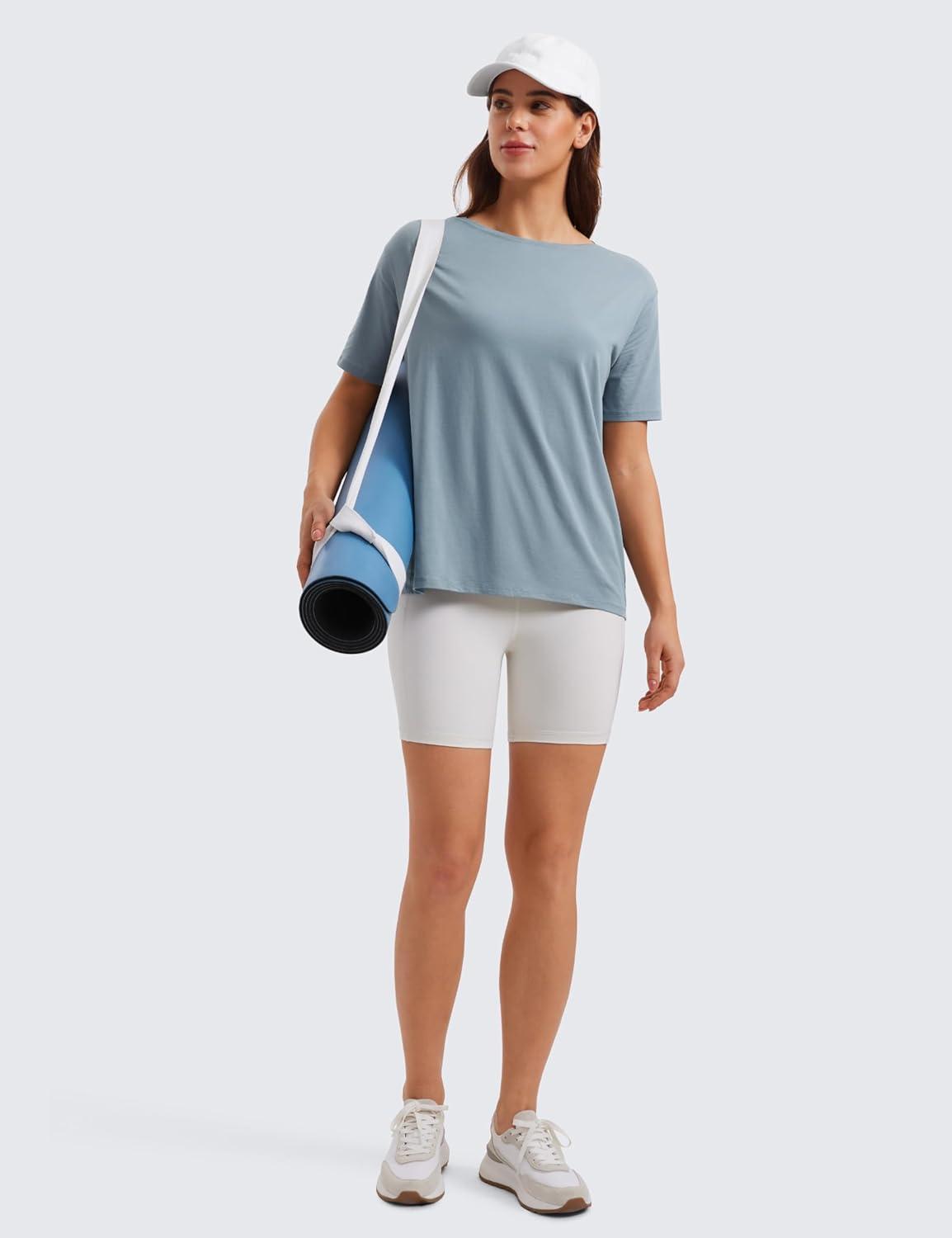 imageCRZ YOGA Womens Pima Cotton Short Sleeve Shirts Boat Neck Loose Fit Gym Workout TShirt Athletic Casual TopsBelgian Blue