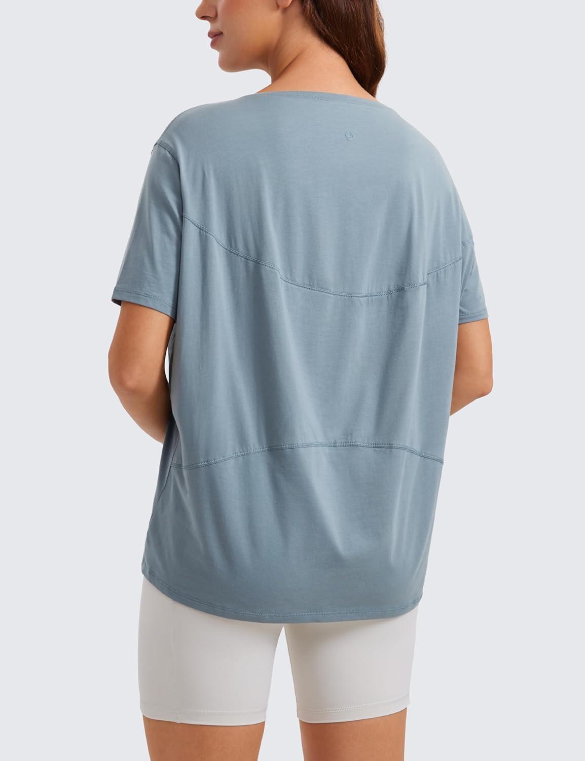 imageCRZ YOGA Womens Pima Cotton Short Sleeve Shirts Boat Neck Loose Fit Gym Workout TShirt Athletic Casual TopsBelgian Blue