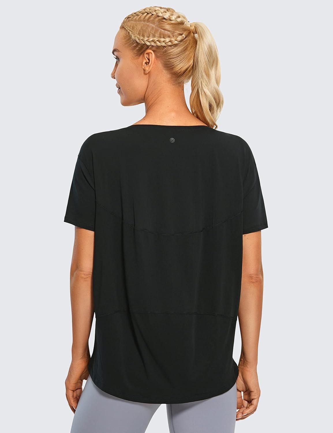 imageCRZ YOGA Womens Pima Cotton Short Sleeve Shirts Boat Neck Loose Fit Gym Workout TShirt Athletic Casual TopsBlack