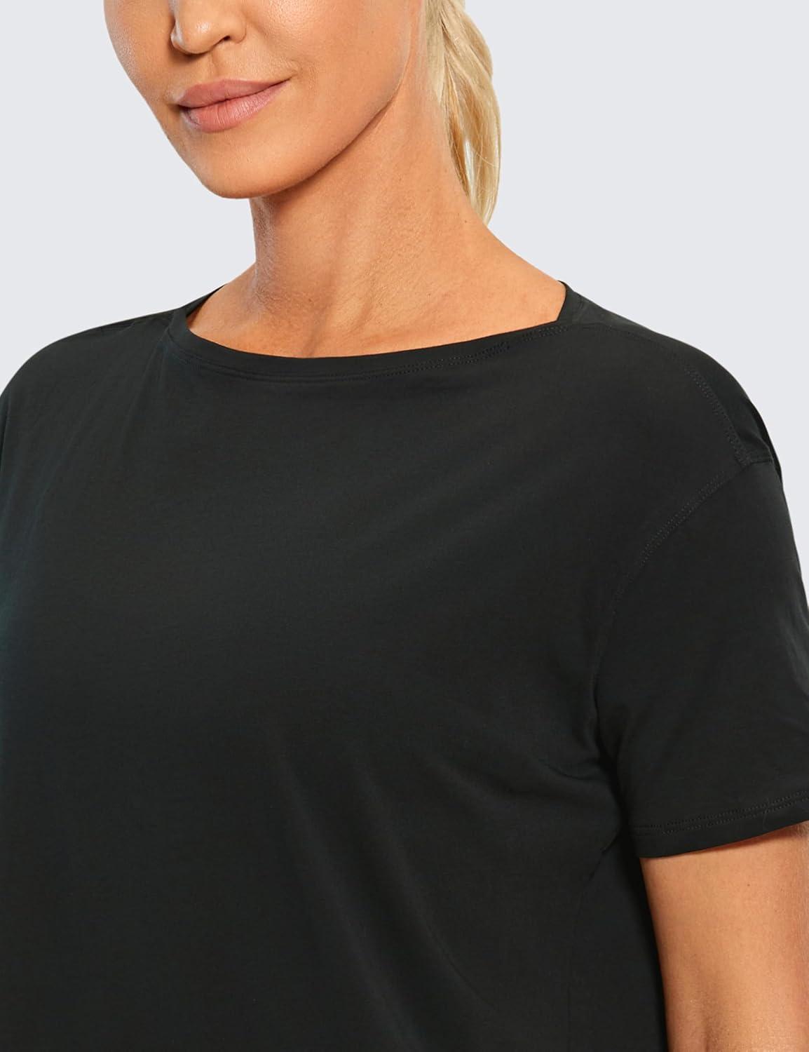 imageCRZ YOGA Womens Pima Cotton Short Sleeve Shirts Boat Neck Loose Fit Gym Workout TShirt Athletic Casual TopsBlack
