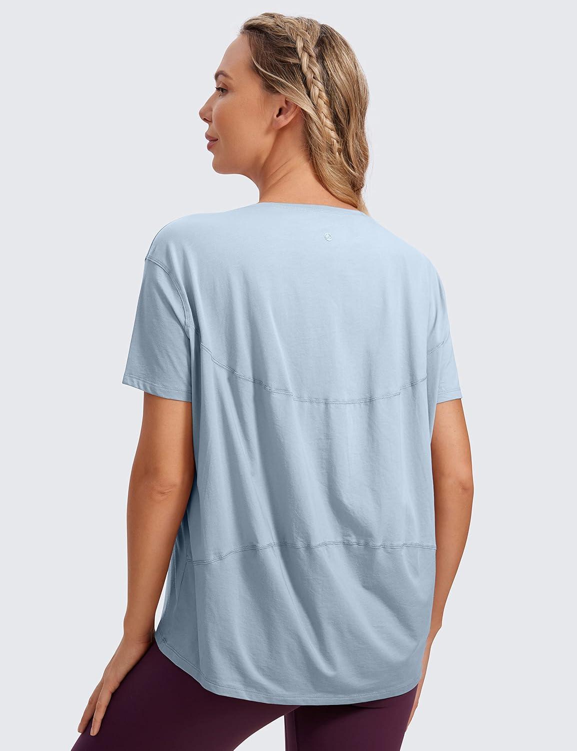 imageCRZ YOGA Womens Pima Cotton Short Sleeve Shirts Boat Neck Loose Fit Gym Workout TShirt Athletic Casual TopsBlue Linen