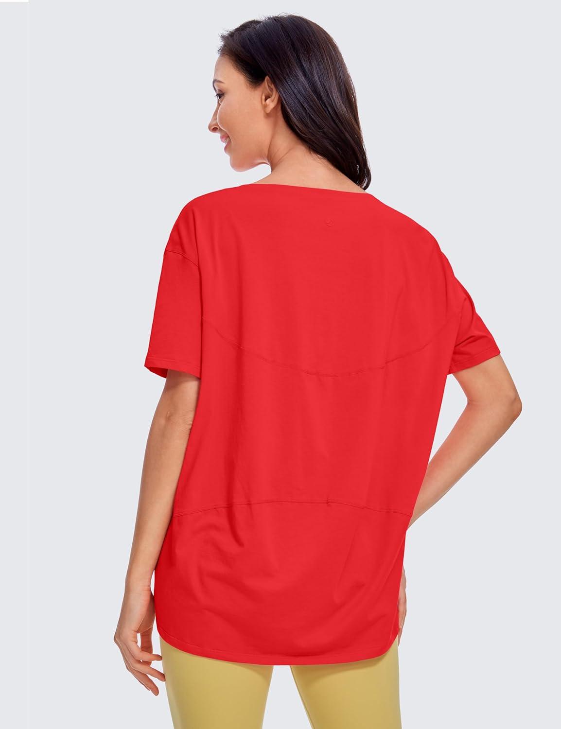 imageCRZ YOGA Womens Pima Cotton Short Sleeve Shirts Boat Neck Loose Fit Gym Workout TShirt Athletic Casual TopsDeep Red