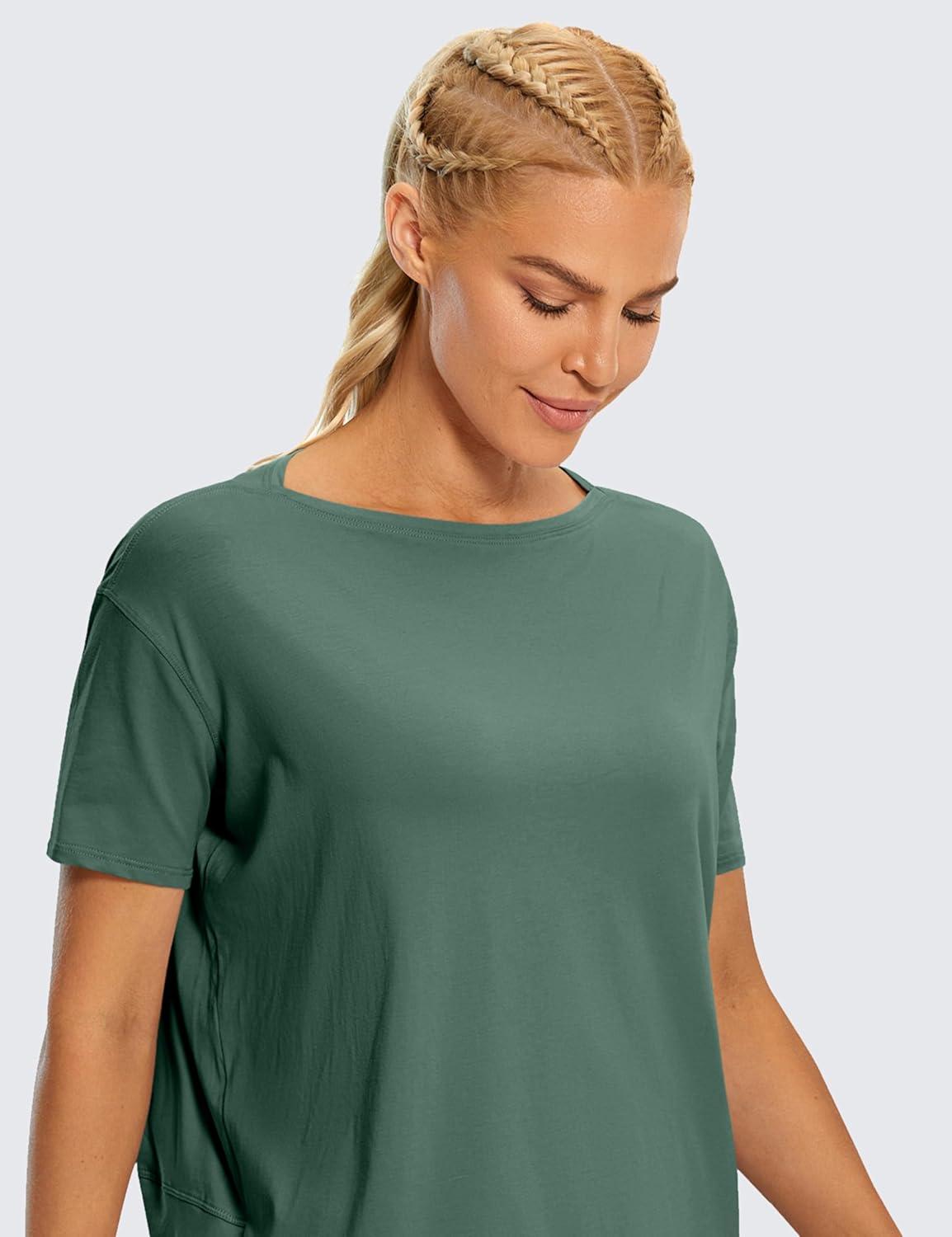imageCRZ YOGA Womens Pima Cotton Short Sleeve Shirts Boat Neck Loose Fit Gym Workout TShirt Athletic Casual TopsGraphite Green