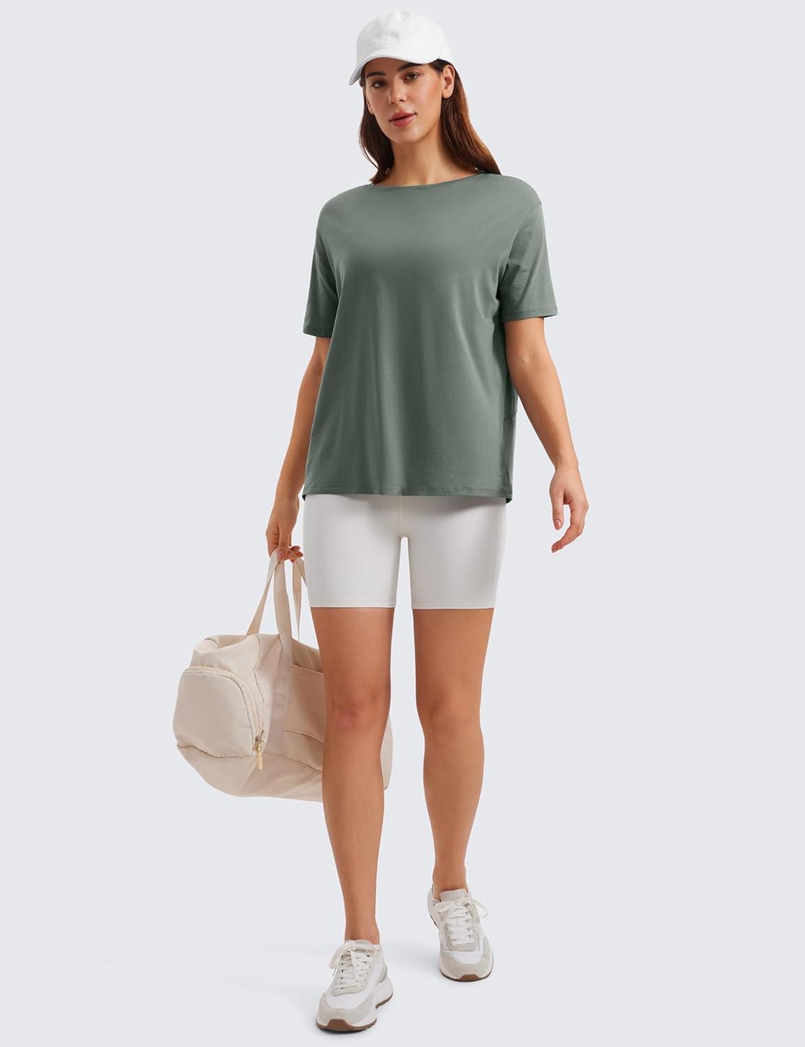 imageCRZ YOGA Womens Pima Cotton Short Sleeve Shirts Boat Neck Loose Fit Gym Workout TShirt Athletic Casual TopsGrey Sage