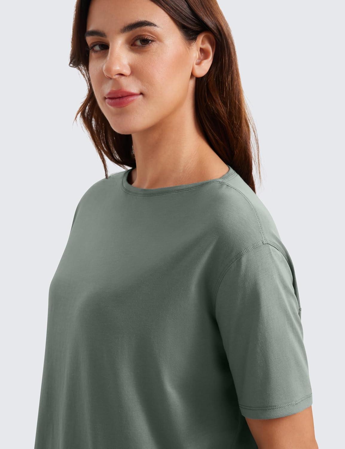 imageCRZ YOGA Womens Pima Cotton Short Sleeve Shirts Boat Neck Loose Fit Gym Workout TShirt Athletic Casual TopsGrey Sage