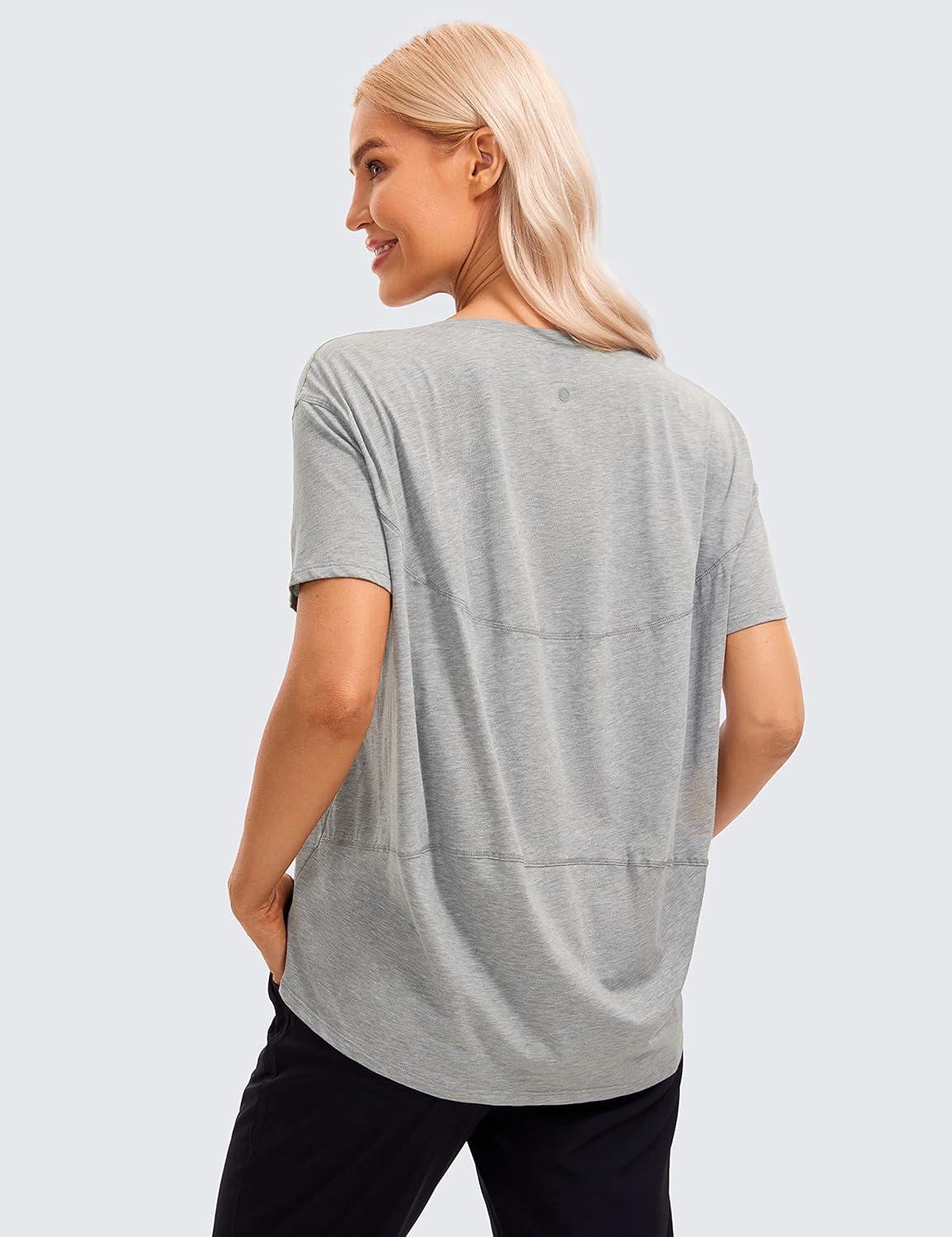 imageCRZ YOGA Womens Pima Cotton Short Sleeve Shirts Boat Neck Loose Fit Gym Workout TShirt Athletic Casual TopsHeathered Medium Grey