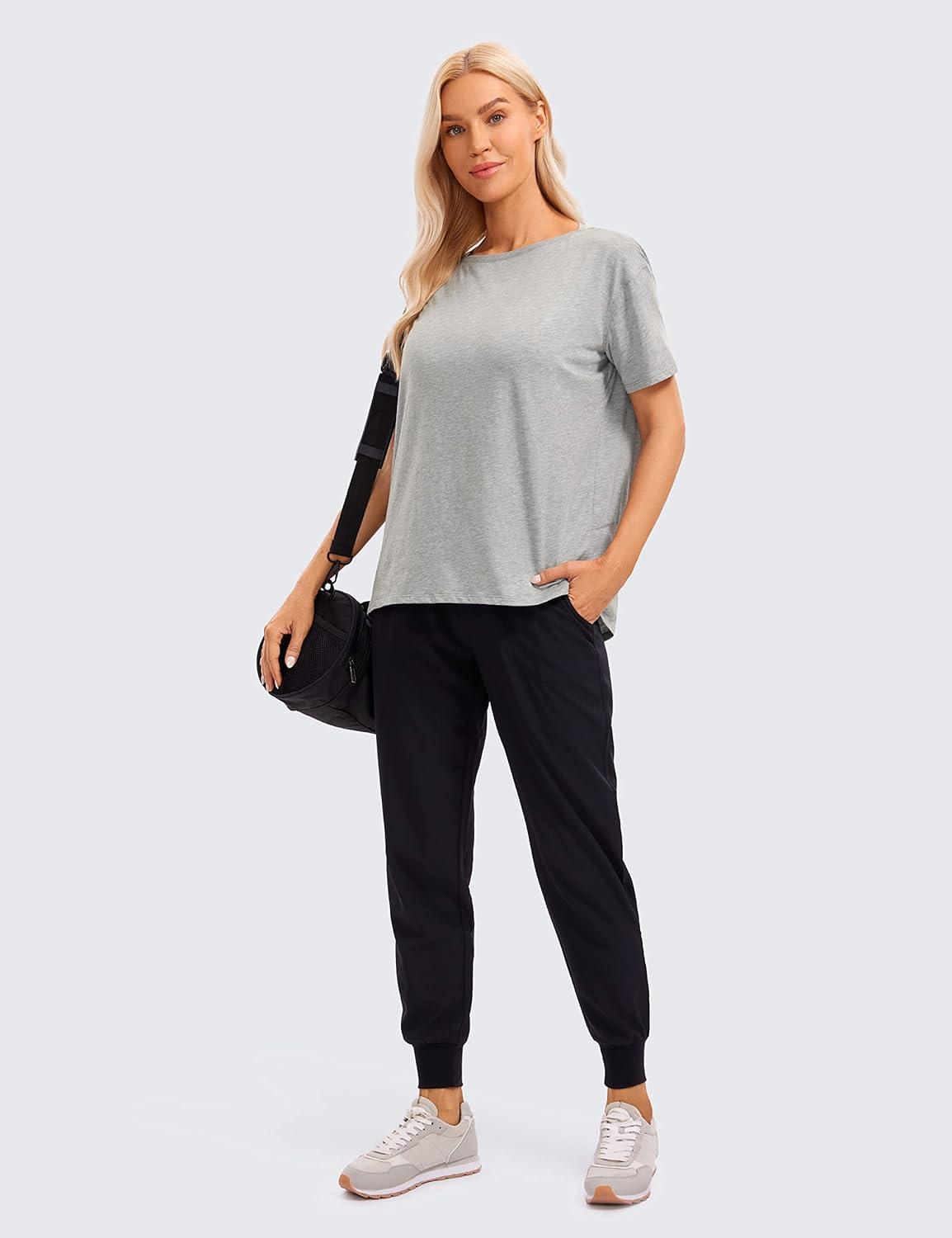 imageCRZ YOGA Womens Pima Cotton Short Sleeve Shirts Boat Neck Loose Fit Gym Workout TShirt Athletic Casual TopsHeathered Medium Grey