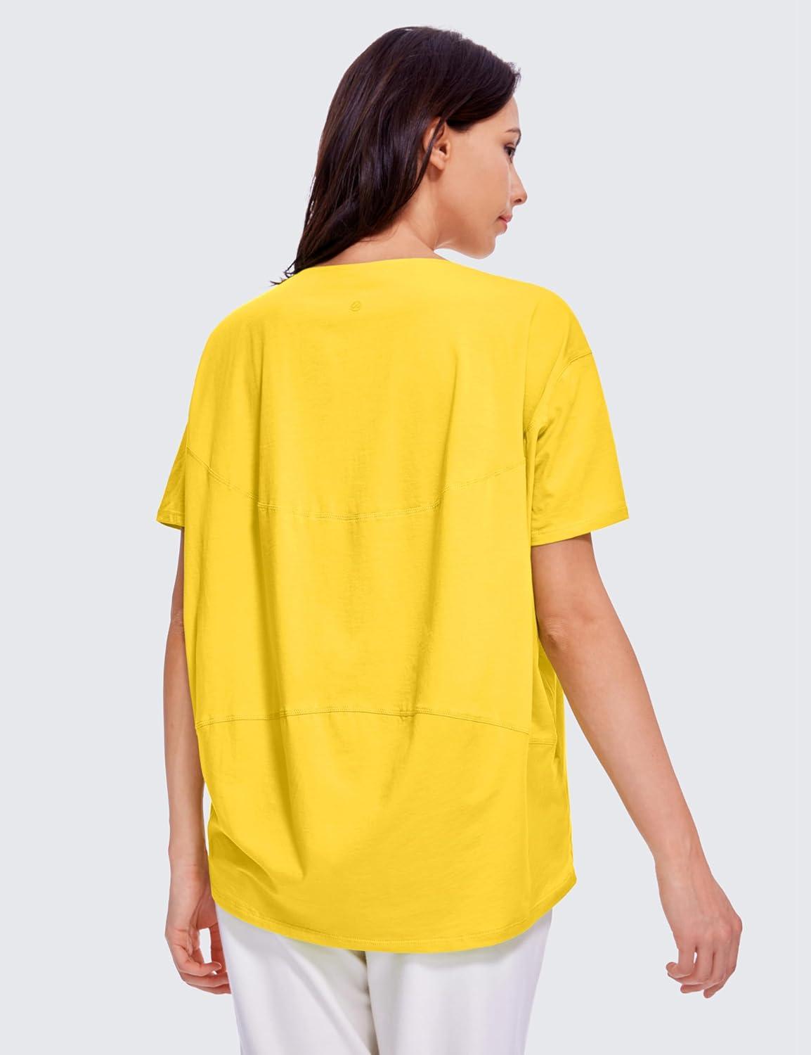 imageCRZ YOGA Womens Pima Cotton Short Sleeve Shirts Boat Neck Loose Fit Gym Workout TShirt Athletic Casual TopsHigh Visibility Yellow