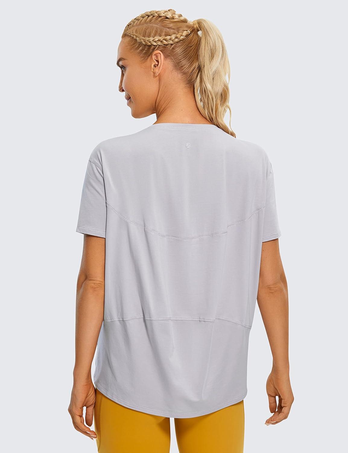 imageCRZ YOGA Womens Pima Cotton Short Sleeve Shirts Boat Neck Loose Fit Gym Workout TShirt Athletic Casual TopsIced Iris