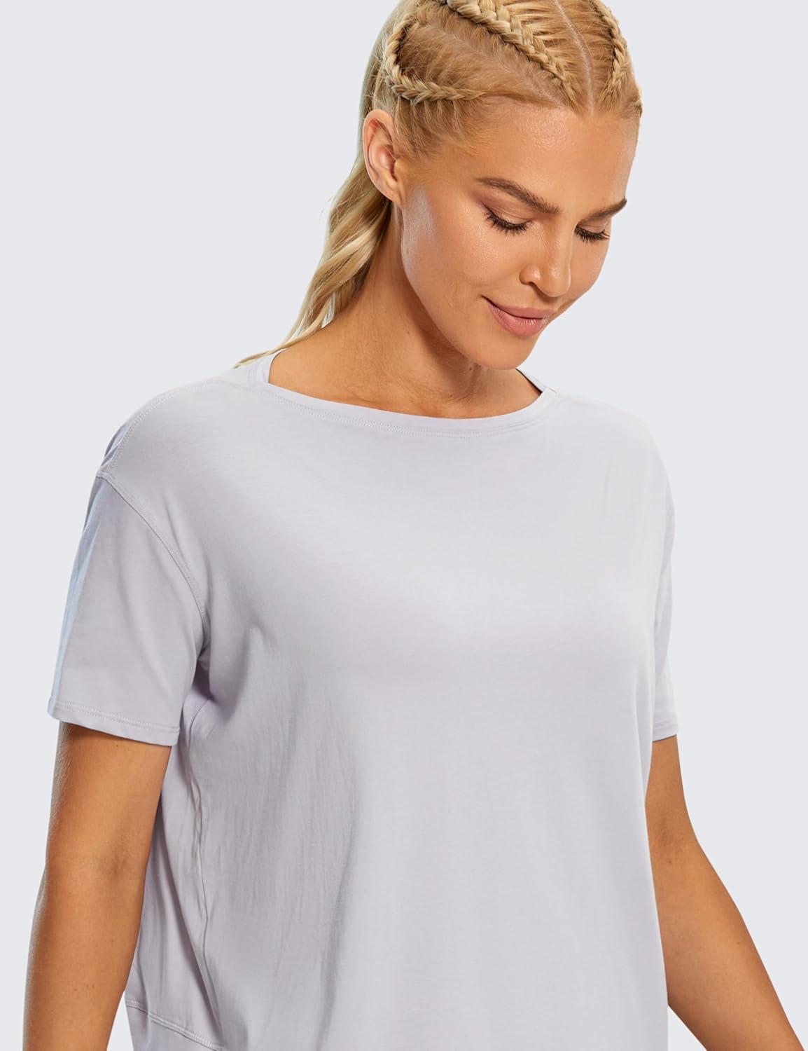 imageCRZ YOGA Womens Pima Cotton Short Sleeve Shirts Boat Neck Loose Fit Gym Workout TShirt Athletic Casual TopsIced Iris