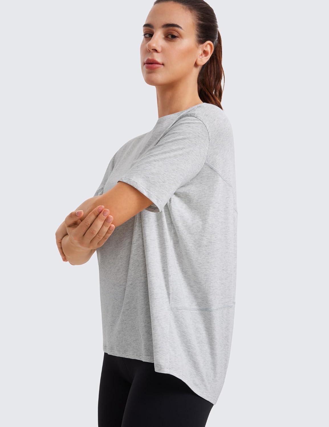 imageCRZ YOGA Womens Pima Cotton Short Sleeve Shirts Boat Neck Loose Fit Gym Workout TShirt Athletic Casual TopsLight Grey Heather