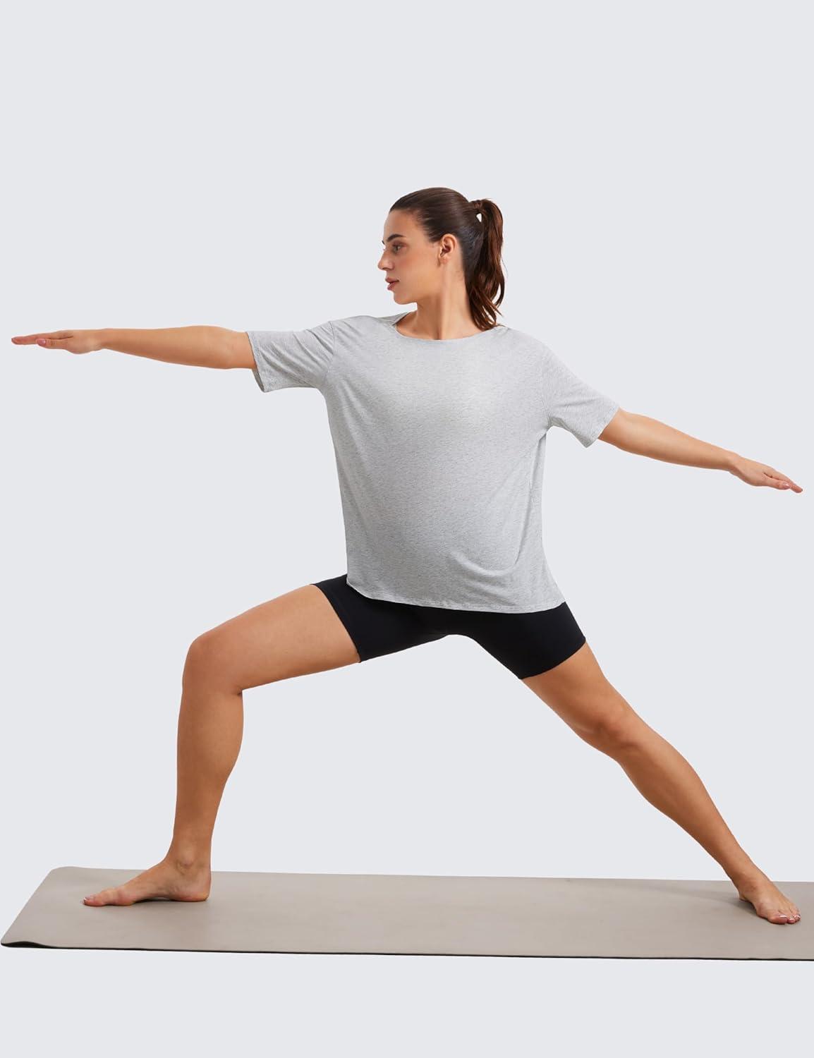 imageCRZ YOGA Womens Pima Cotton Short Sleeve Shirts Boat Neck Loose Fit Gym Workout TShirt Athletic Casual TopsLight Grey Heather