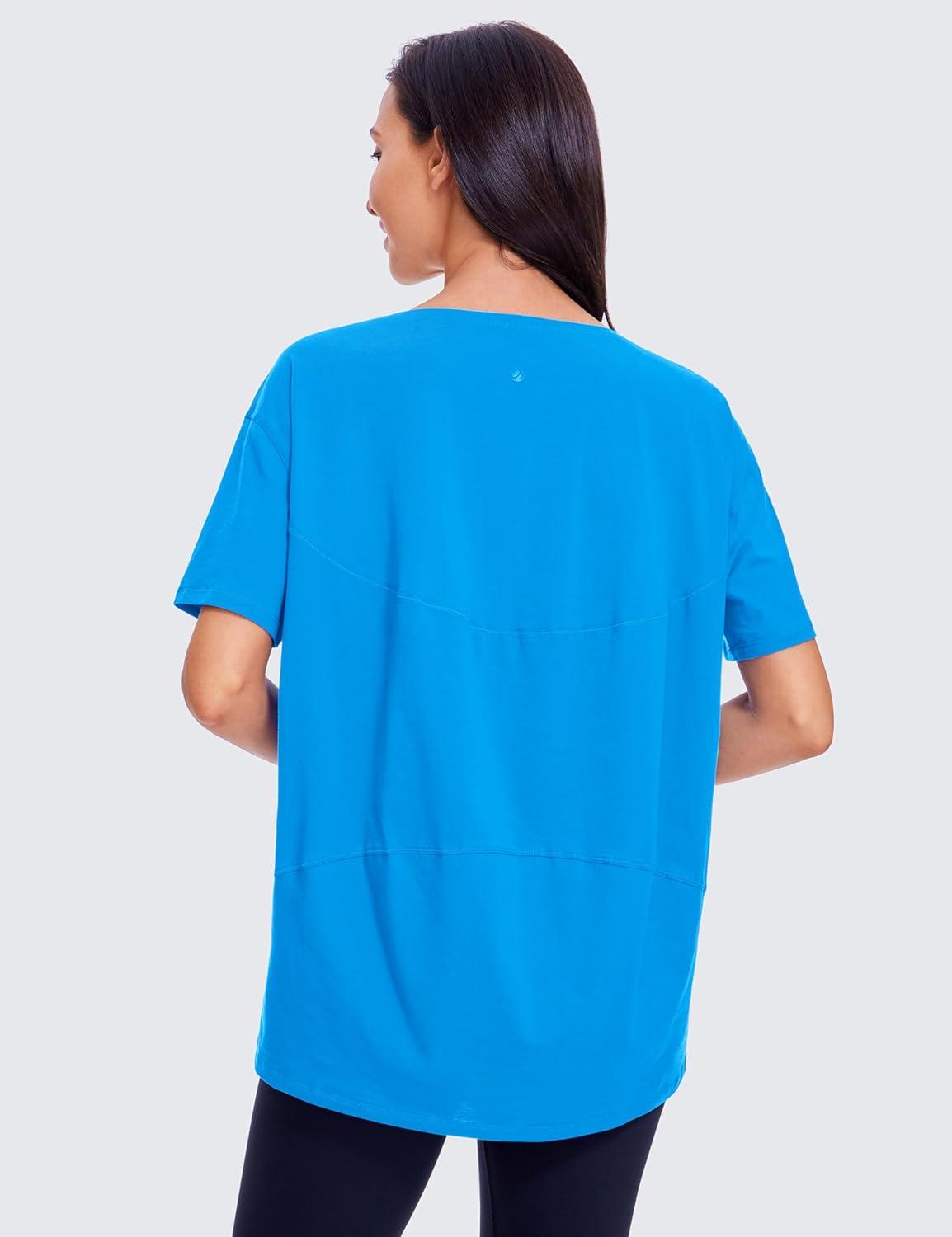 imageCRZ YOGA Womens Pima Cotton Short Sleeve Shirts Boat Neck Loose Fit Gym Workout TShirt Athletic Casual TopsMadagascar Blue