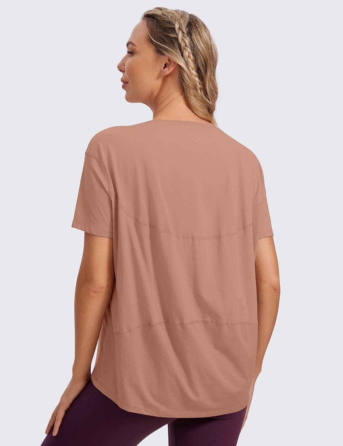 imageCRZ YOGA Womens Pima Cotton Short Sleeve Shirts Boat Neck Loose Fit Gym Workout TShirt Athletic Casual TopsMocha Mousse