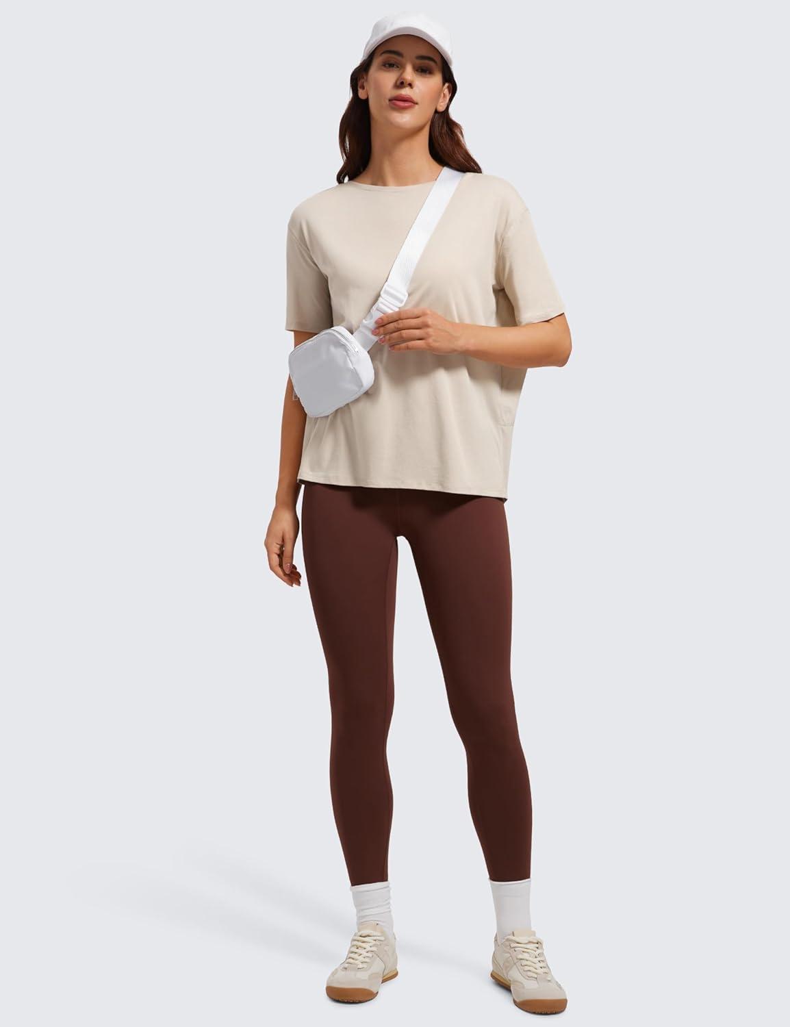 imageCRZ YOGA Womens Pima Cotton Short Sleeve Shirts Boat Neck Loose Fit Gym Workout TShirt Athletic Casual TopsMojave Tan