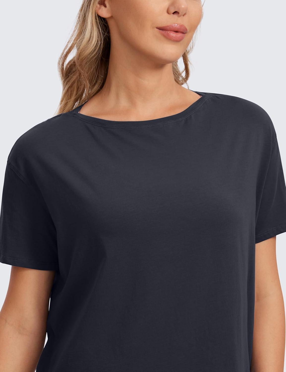 imageCRZ YOGA Womens Pima Cotton Short Sleeve Shirts Boat Neck Loose Fit Gym Workout TShirt Athletic Casual TopsNavy