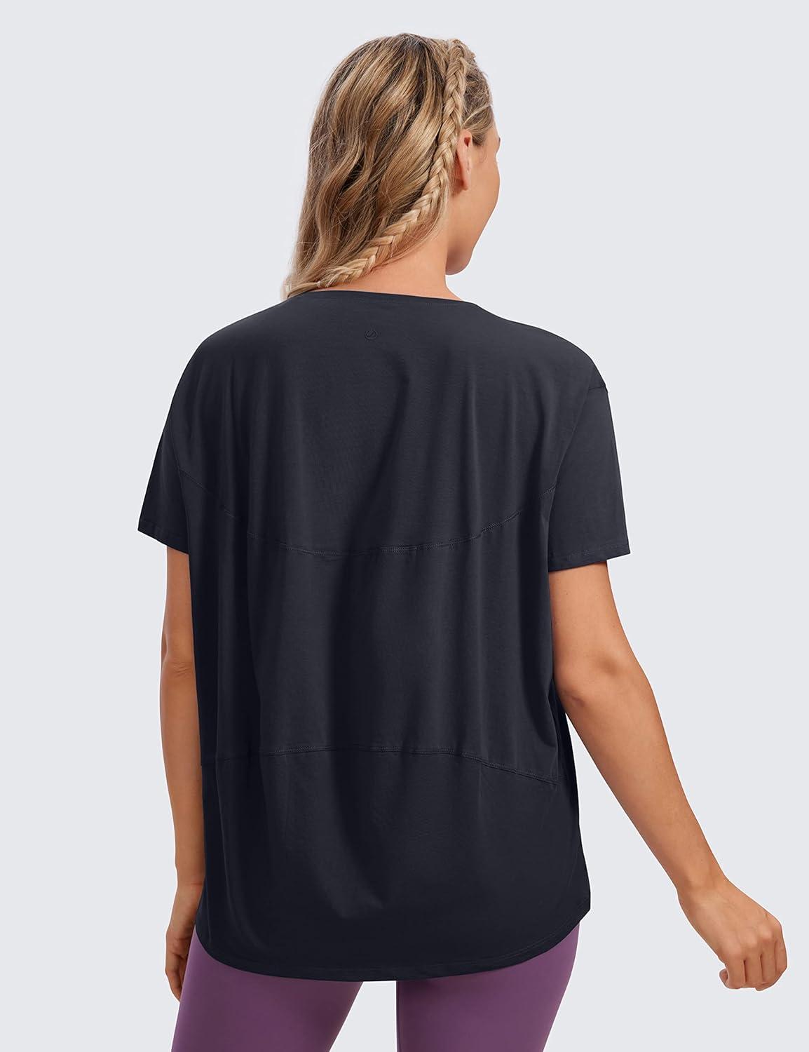 imageCRZ YOGA Womens Pima Cotton Short Sleeve Shirts Boat Neck Loose Fit Gym Workout TShirt Athletic Casual TopsNavy