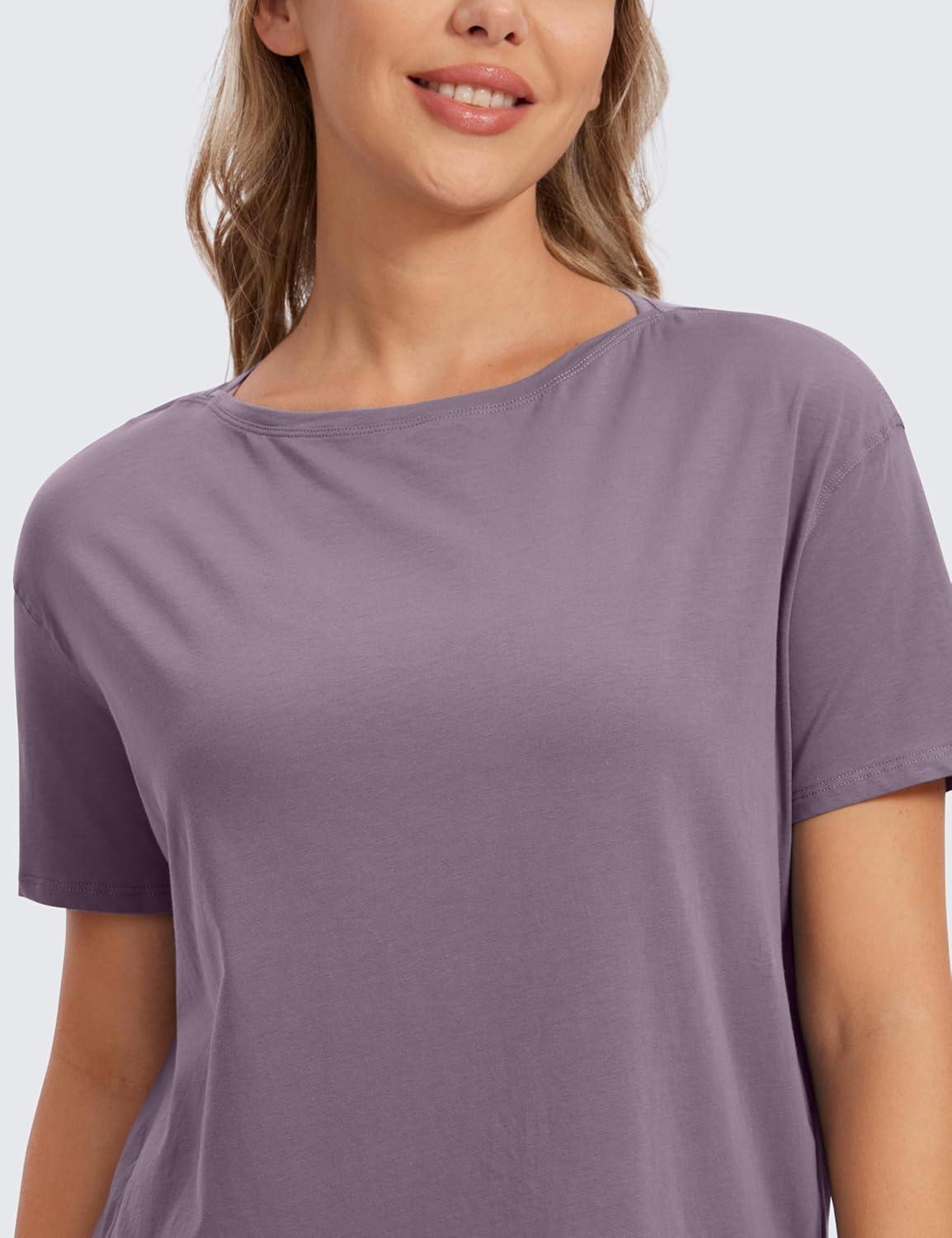 imageCRZ YOGA Womens Pima Cotton Short Sleeve Shirts Boat Neck Loose Fit Gym Workout TShirt Athletic Casual TopsPurple Gray