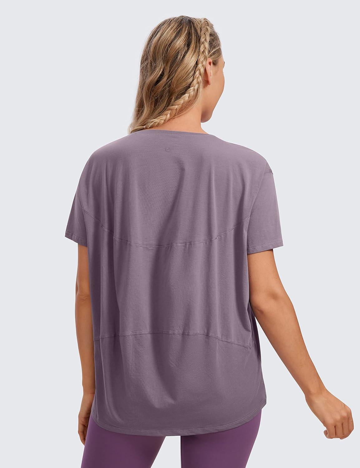 imageCRZ YOGA Womens Pima Cotton Short Sleeve Shirts Boat Neck Loose Fit Gym Workout TShirt Athletic Casual TopsPurple Gray