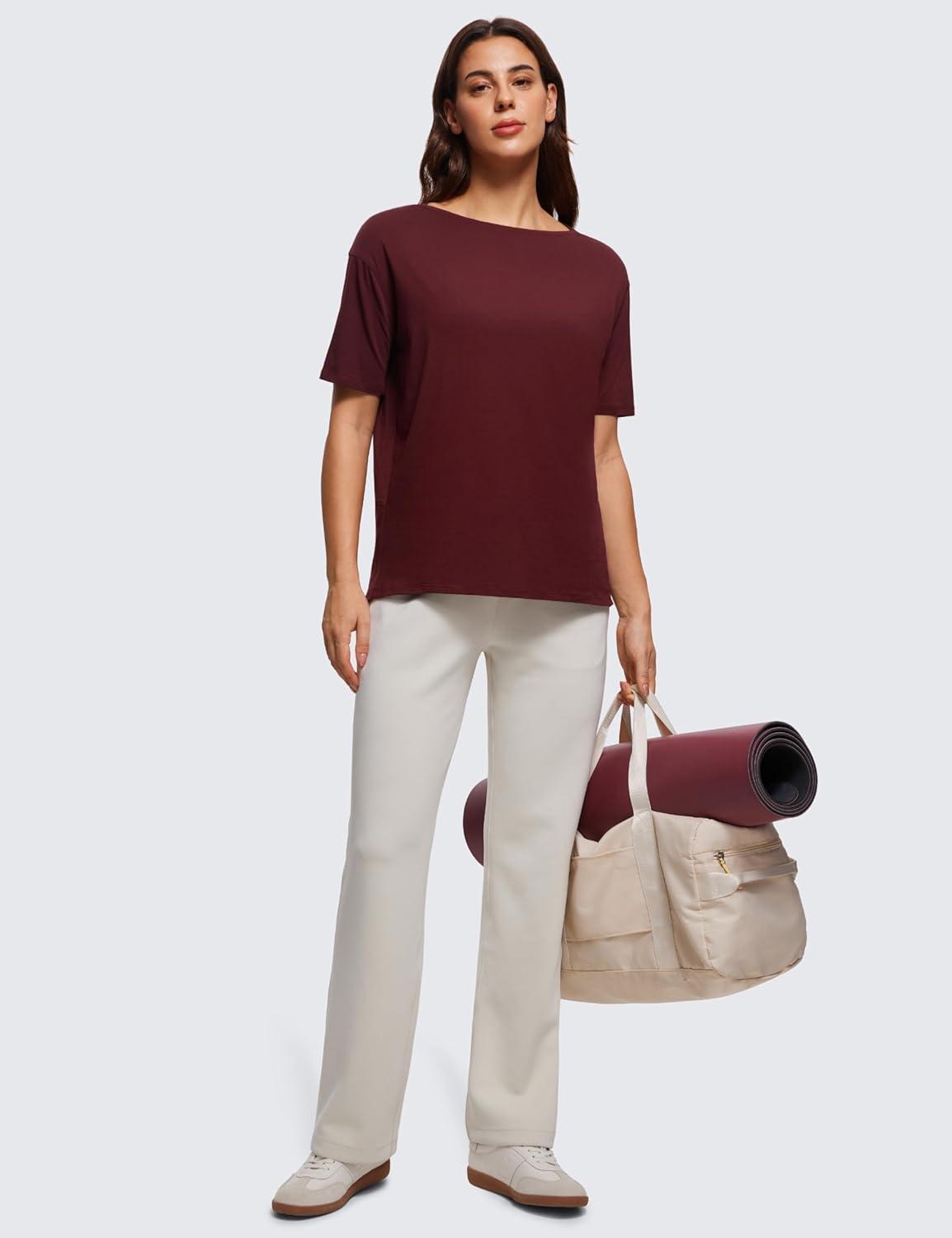 imageCRZ YOGA Womens Pima Cotton Short Sleeve Shirts Boat Neck Loose Fit Gym Workout TShirt Athletic Casual TopsRed Merlot