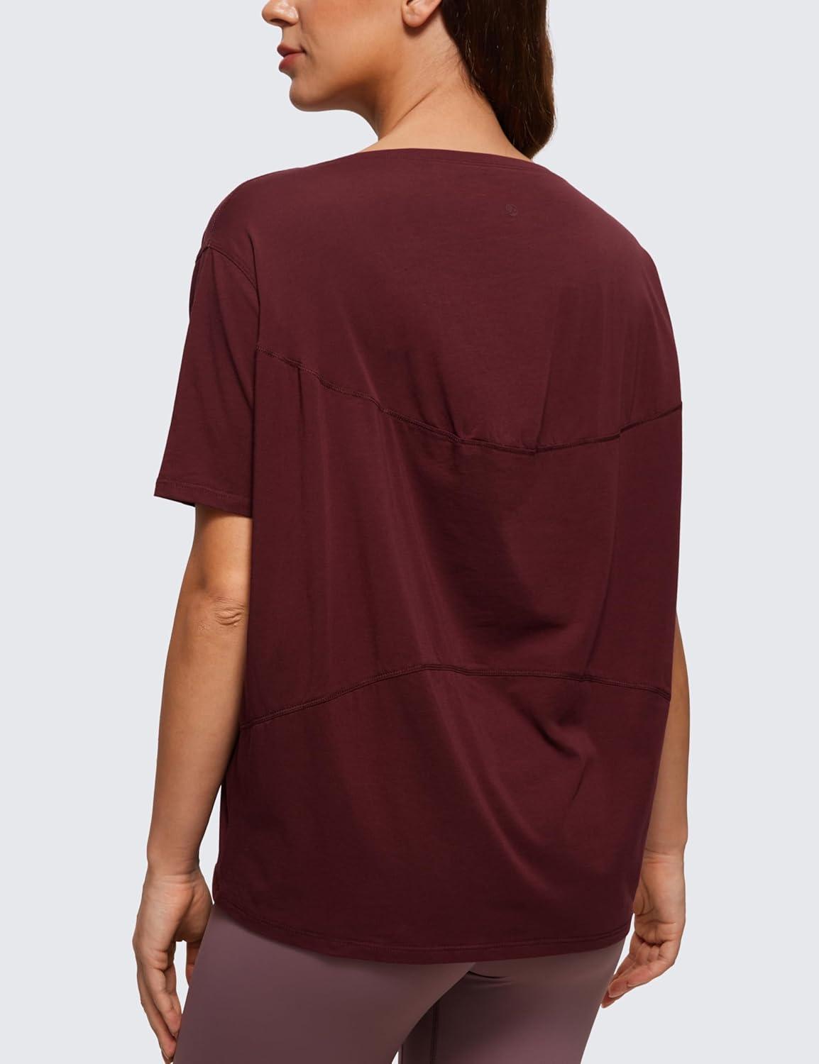 imageCRZ YOGA Womens Pima Cotton Short Sleeve Shirts Boat Neck Loose Fit Gym Workout TShirt Athletic Casual TopsRed Merlot