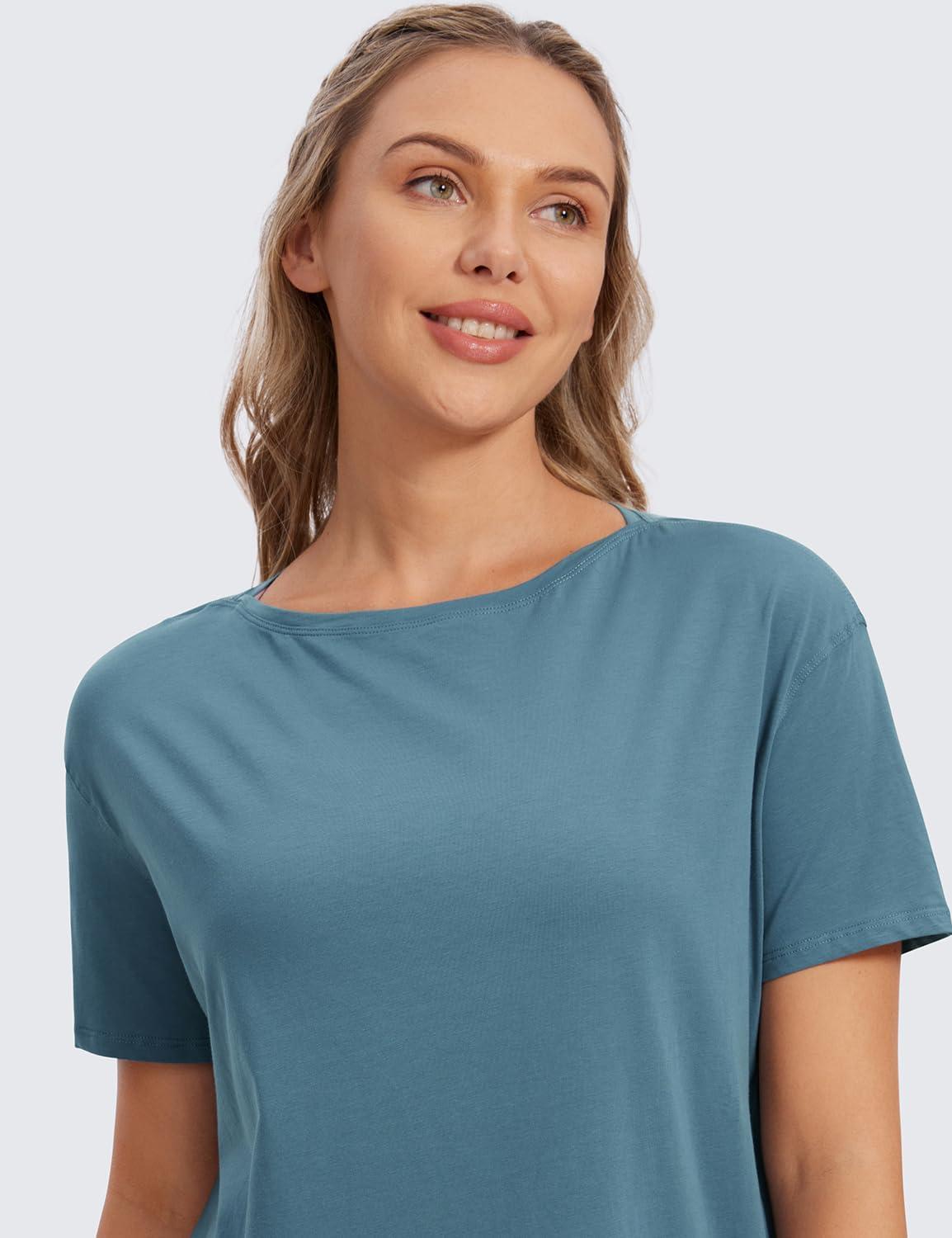 imageCRZ YOGA Womens Pima Cotton Short Sleeve Shirts Boat Neck Loose Fit Gym Workout TShirt Athletic Casual TopsSlate Blue