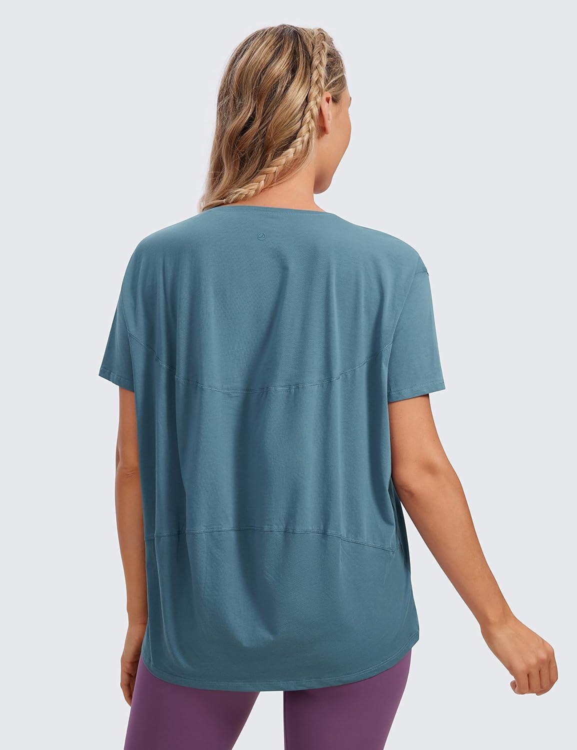 imageCRZ YOGA Womens Pima Cotton Short Sleeve Shirts Boat Neck Loose Fit Gym Workout TShirt Athletic Casual TopsSlate Blue