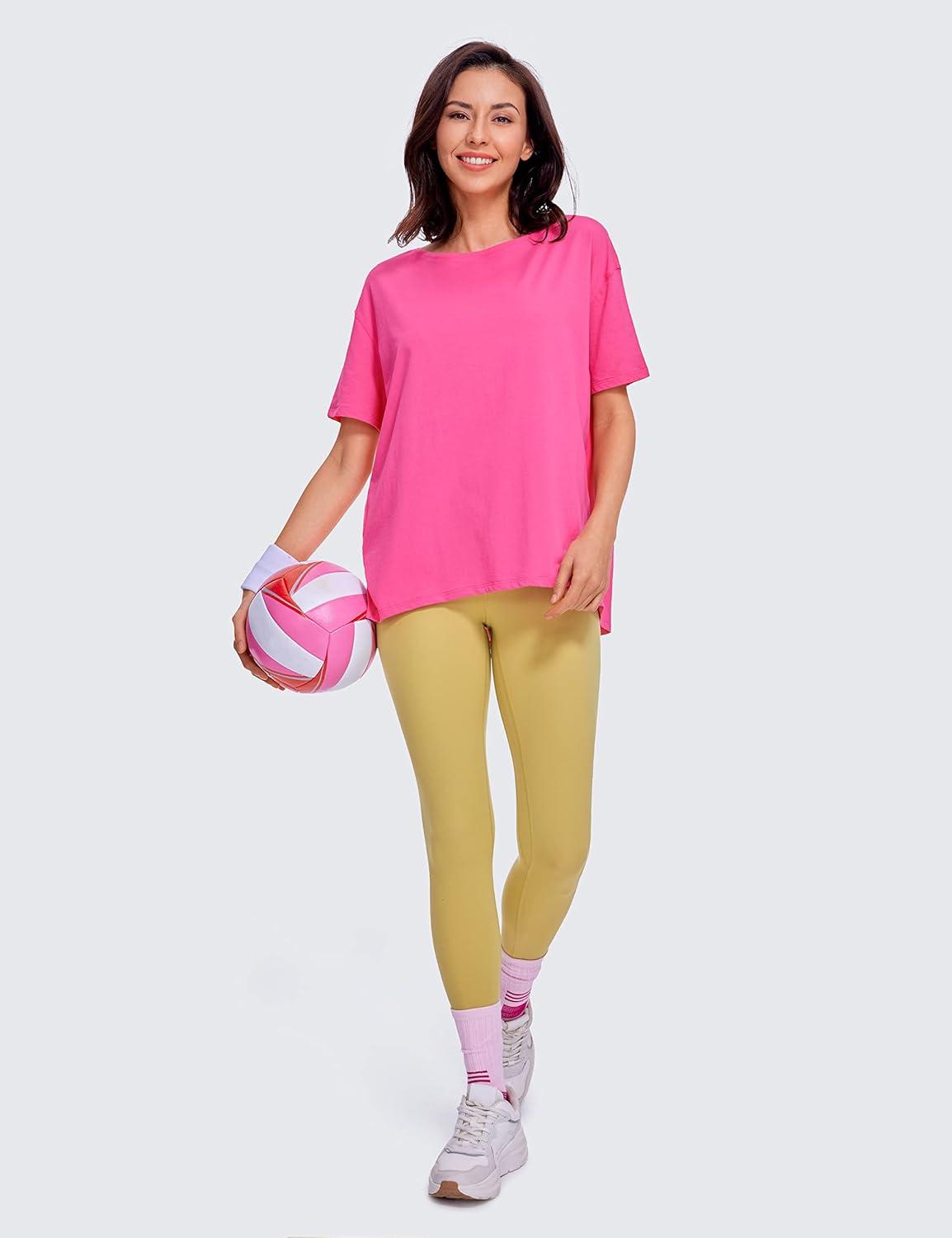 imageCRZ YOGA Womens Pima Cotton Short Sleeve Shirts Boat Neck Loose Fit Gym Workout TShirt Athletic Casual TopsSonic Pink