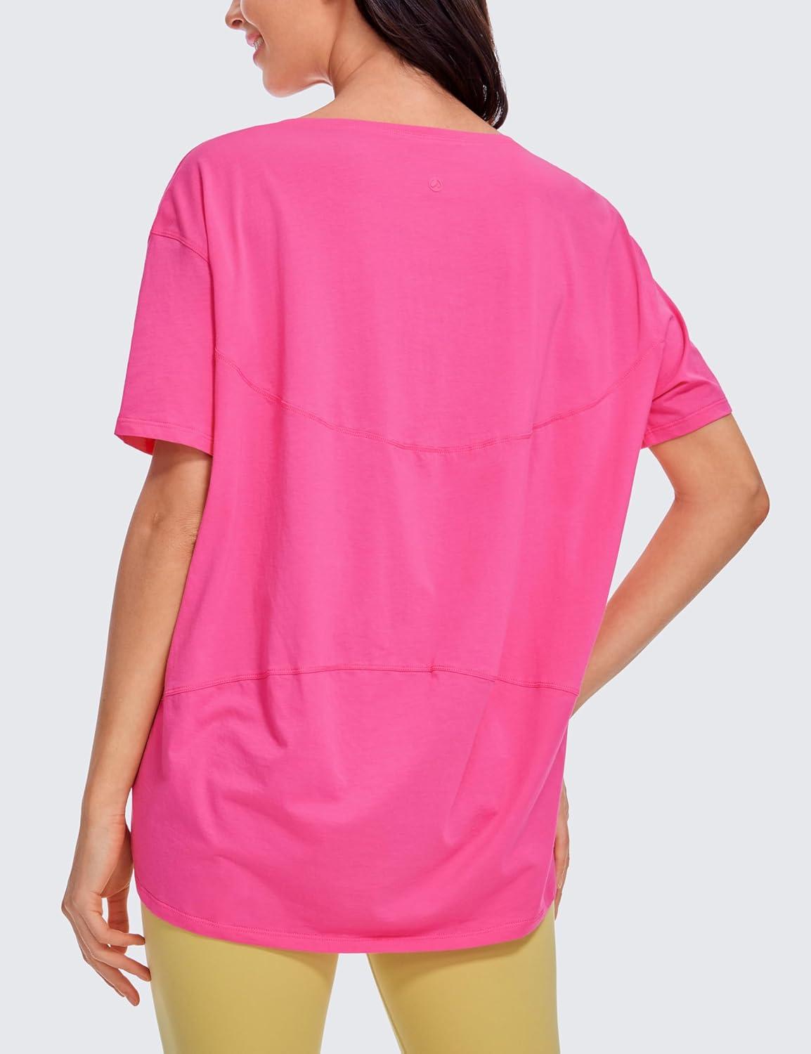 imageCRZ YOGA Womens Pima Cotton Short Sleeve Shirts Boat Neck Loose Fit Gym Workout TShirt Athletic Casual TopsSonic Pink