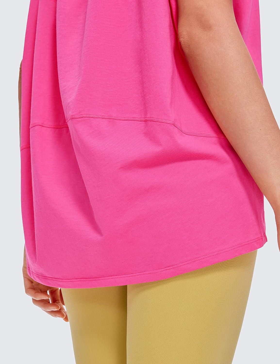 imageCRZ YOGA Womens Pima Cotton Short Sleeve Shirts Boat Neck Loose Fit Gym Workout TShirt Athletic Casual TopsSonic Pink