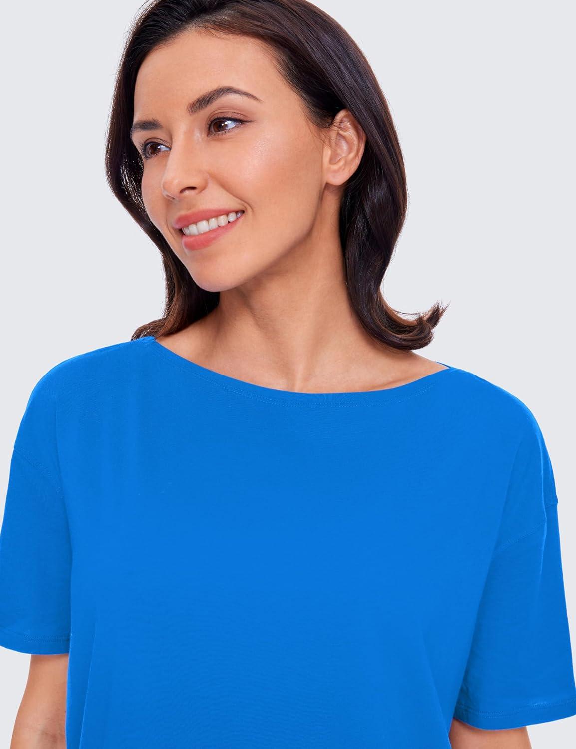 imageCRZ YOGA Womens Pima Cotton Short Sleeve Shirts Boat Neck Loose Fit Gym Workout TShirt Athletic Casual TopsSparkle Blue