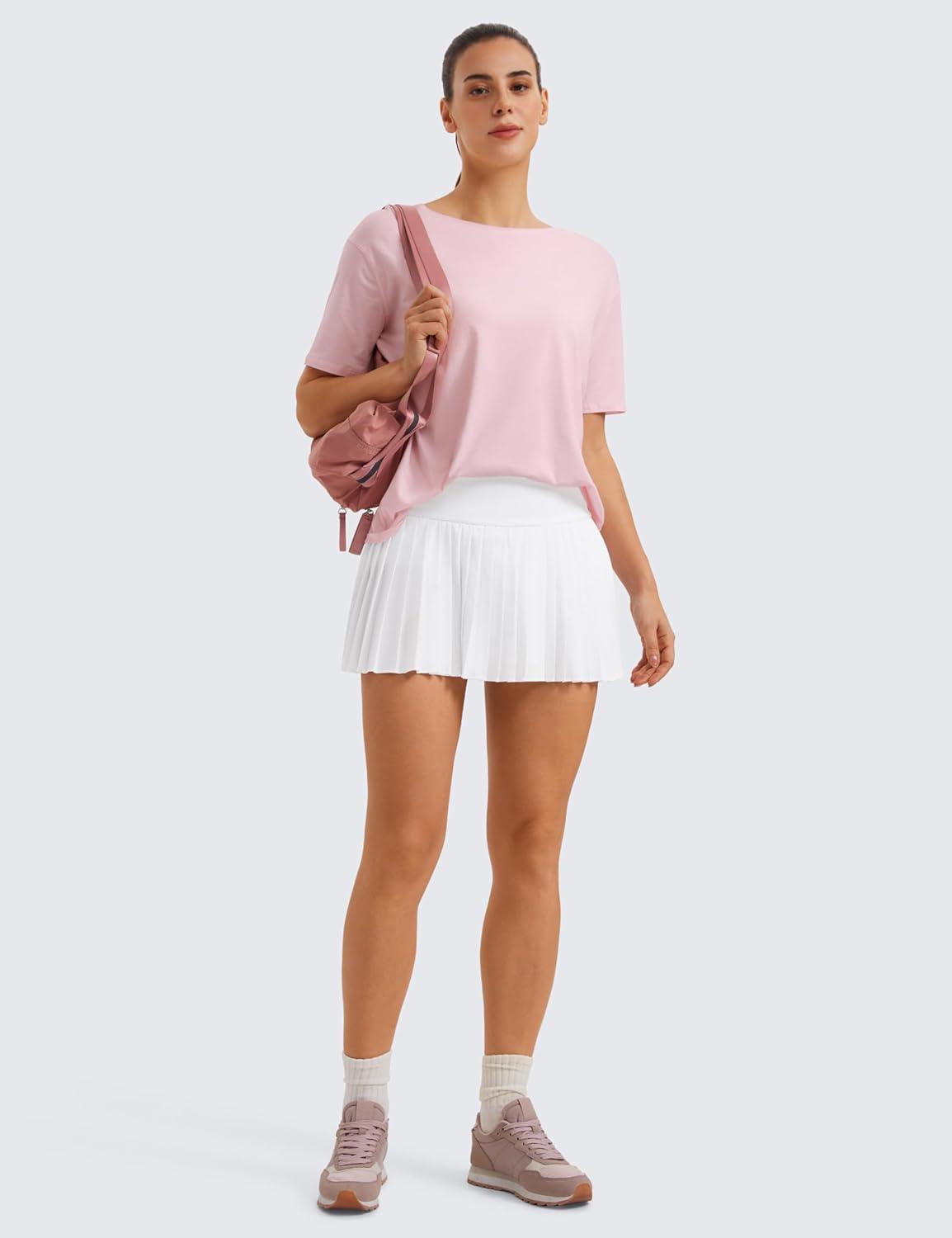 imageCRZ YOGA Womens Pima Cotton Short Sleeve Shirts Boat Neck Loose Fit Gym Workout TShirt Athletic Casual TopsStrawberry Pink