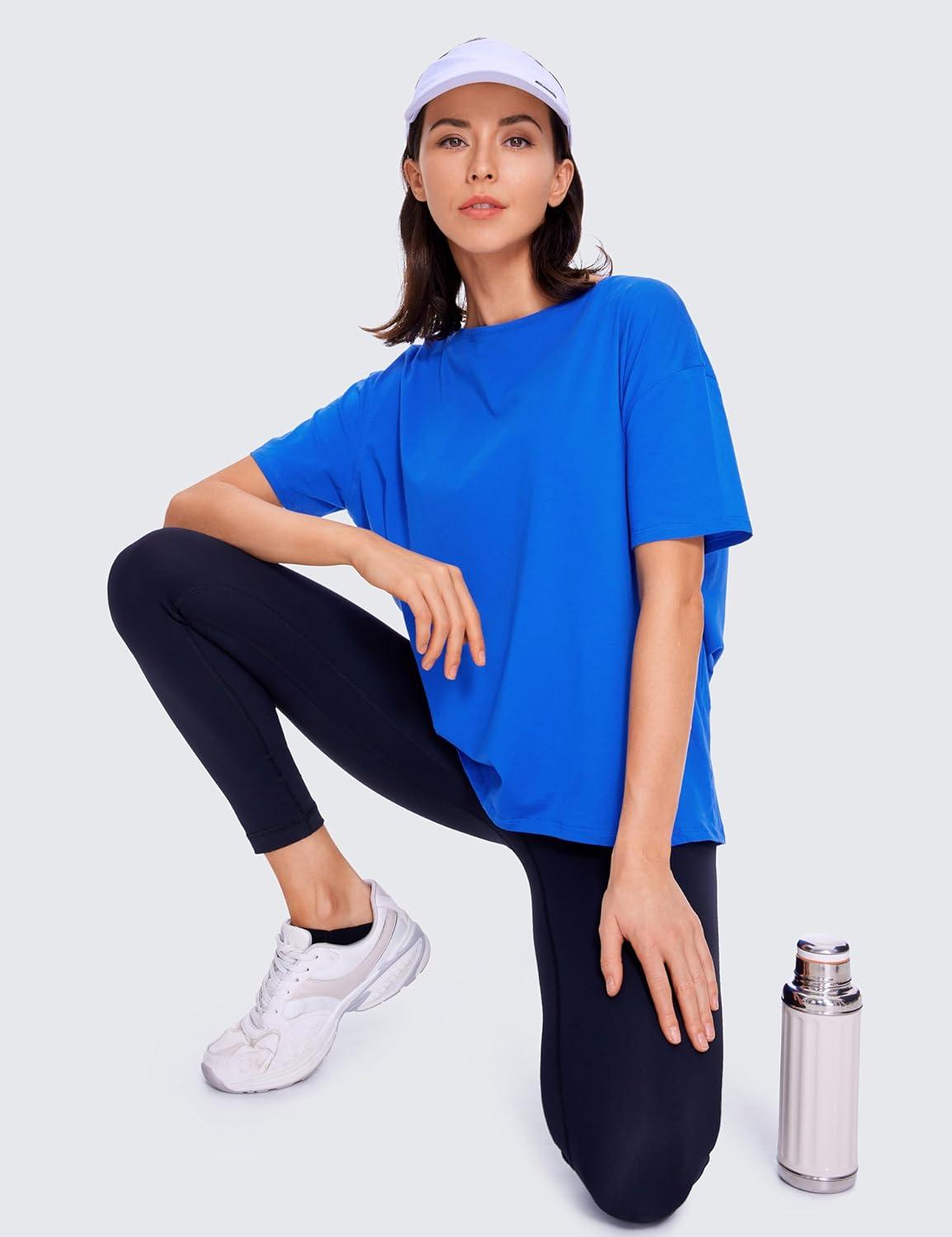 imageCRZ YOGA Womens Pima Cotton Short Sleeve Shirts Boat Neck Loose Fit Gym Workout TShirt Athletic Casual TopsStrong Blue