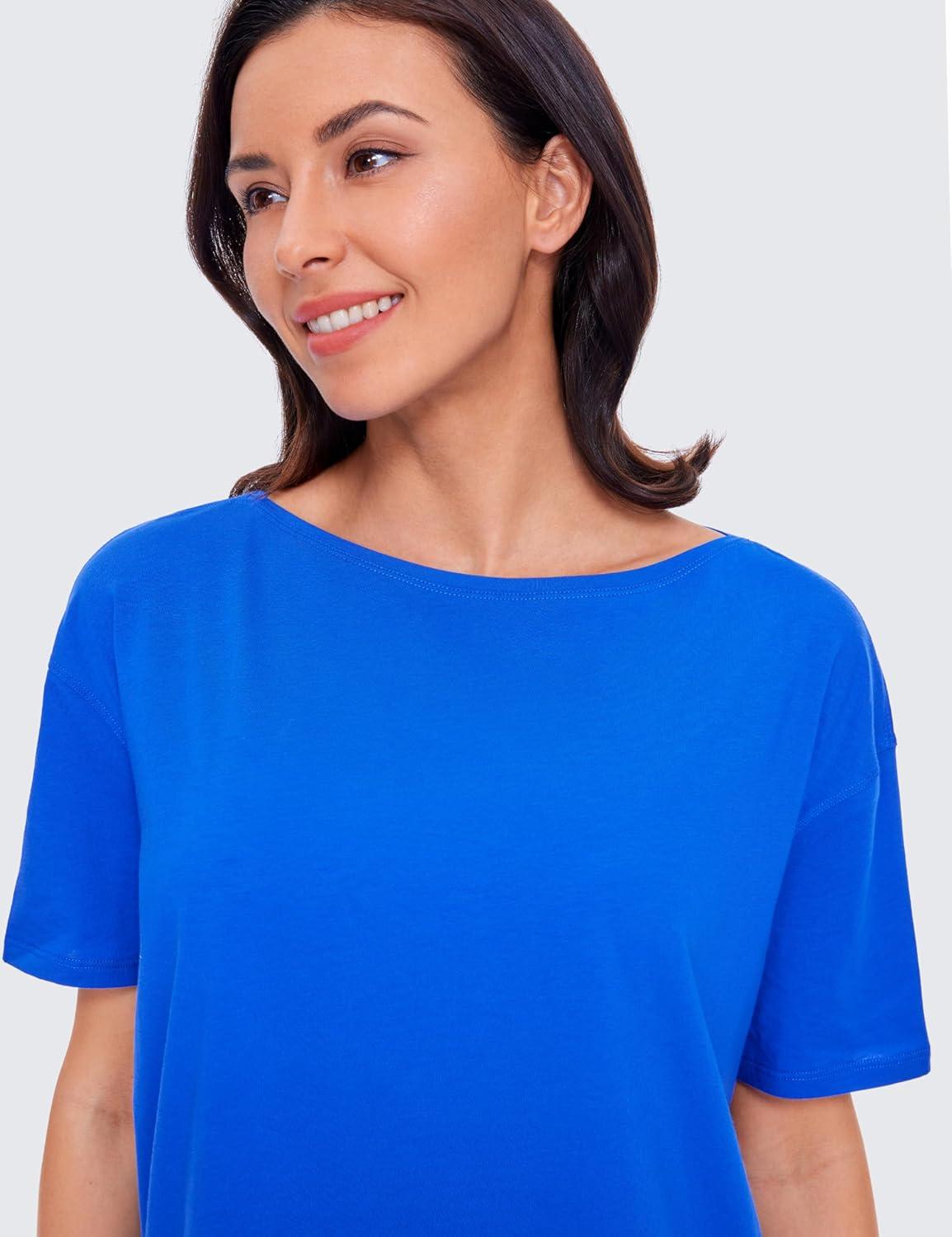 imageCRZ YOGA Womens Pima Cotton Short Sleeve Shirts Boat Neck Loose Fit Gym Workout TShirt Athletic Casual TopsStrong Blue