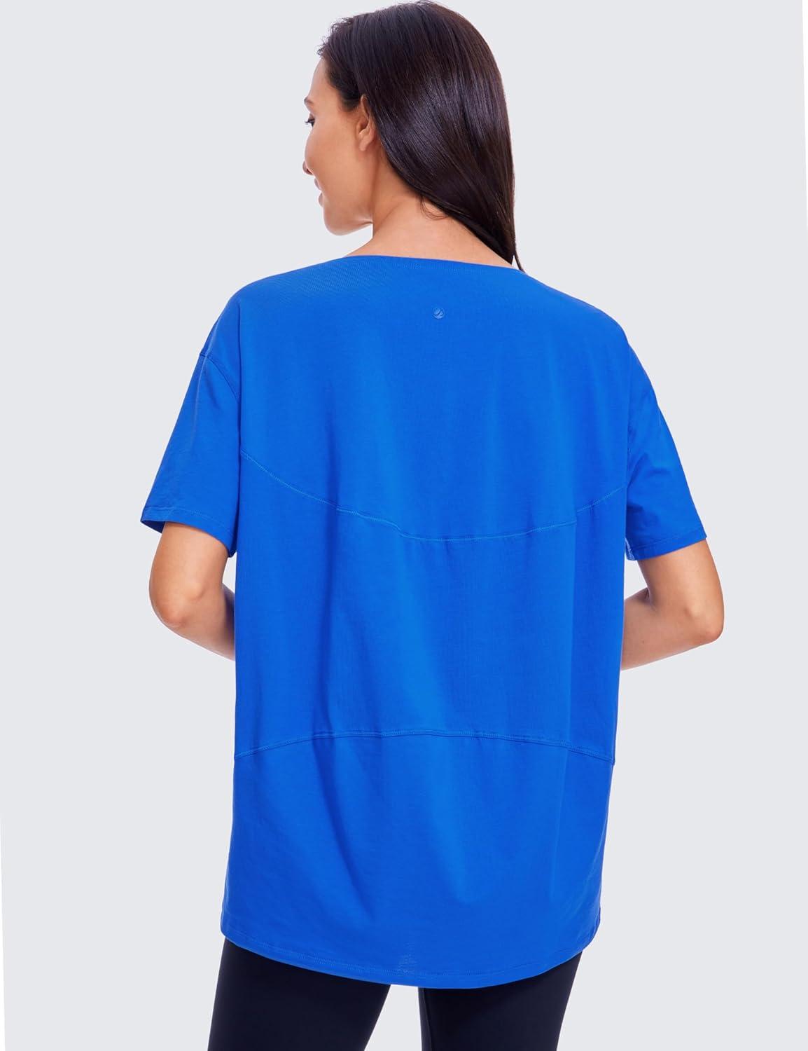 imageCRZ YOGA Womens Pima Cotton Short Sleeve Shirts Boat Neck Loose Fit Gym Workout TShirt Athletic Casual TopsStrong Blue